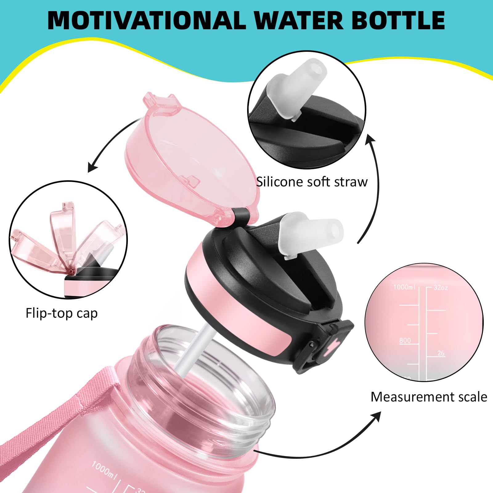 Grsta Borraccia 1 litro, Borracce con Cannuccia, Facile da Pulire, Senza Perdite Borraccia Palestra con Indicatore del Tempo, Bottiglia Motivazionale per Campeggio, Bicicletta, Fitness