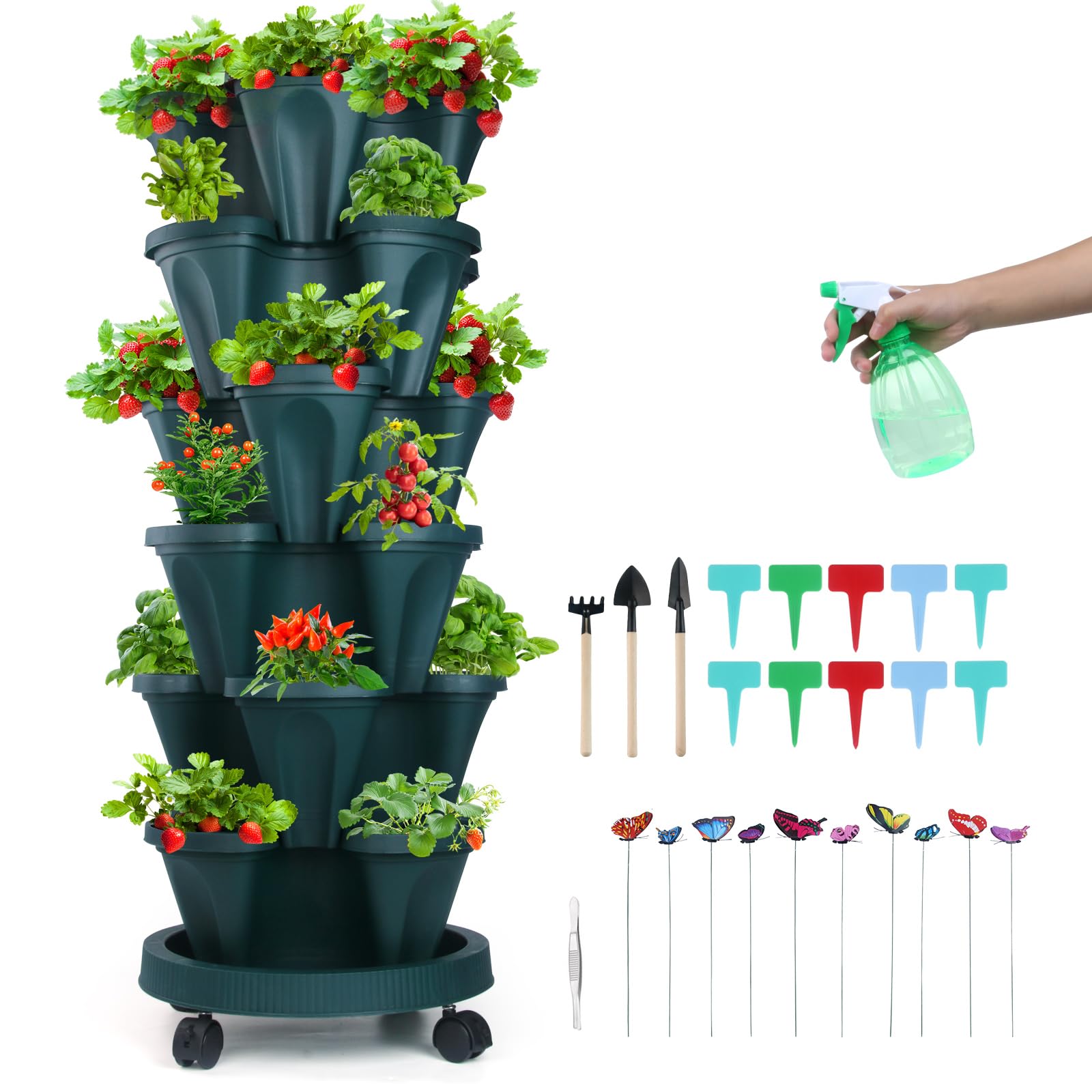 GameXcel Vertical Planter, 6 Tier Stackable Strawberry Planter with Garden Tool Set, Movable Indoor/Outdoor Garden Herb Pot for Growing Vegetables and Succulents, Green