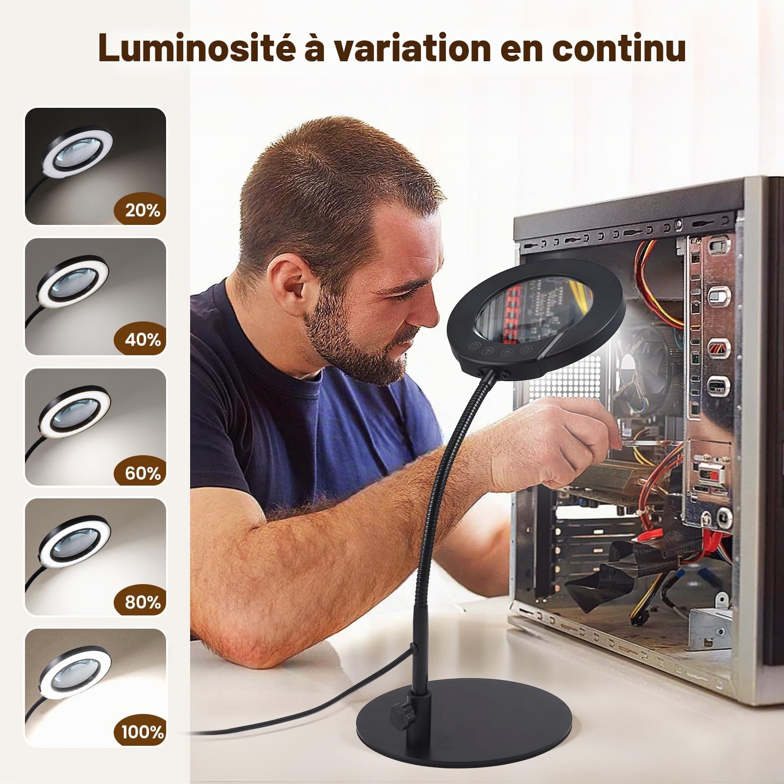 Lampe Loupe sur Pied 10x Grossissante Modelisme 360° LED 5 Couleurs Dimmable - Bureau Eclairante pour Lecture, Réparation et Artisanat