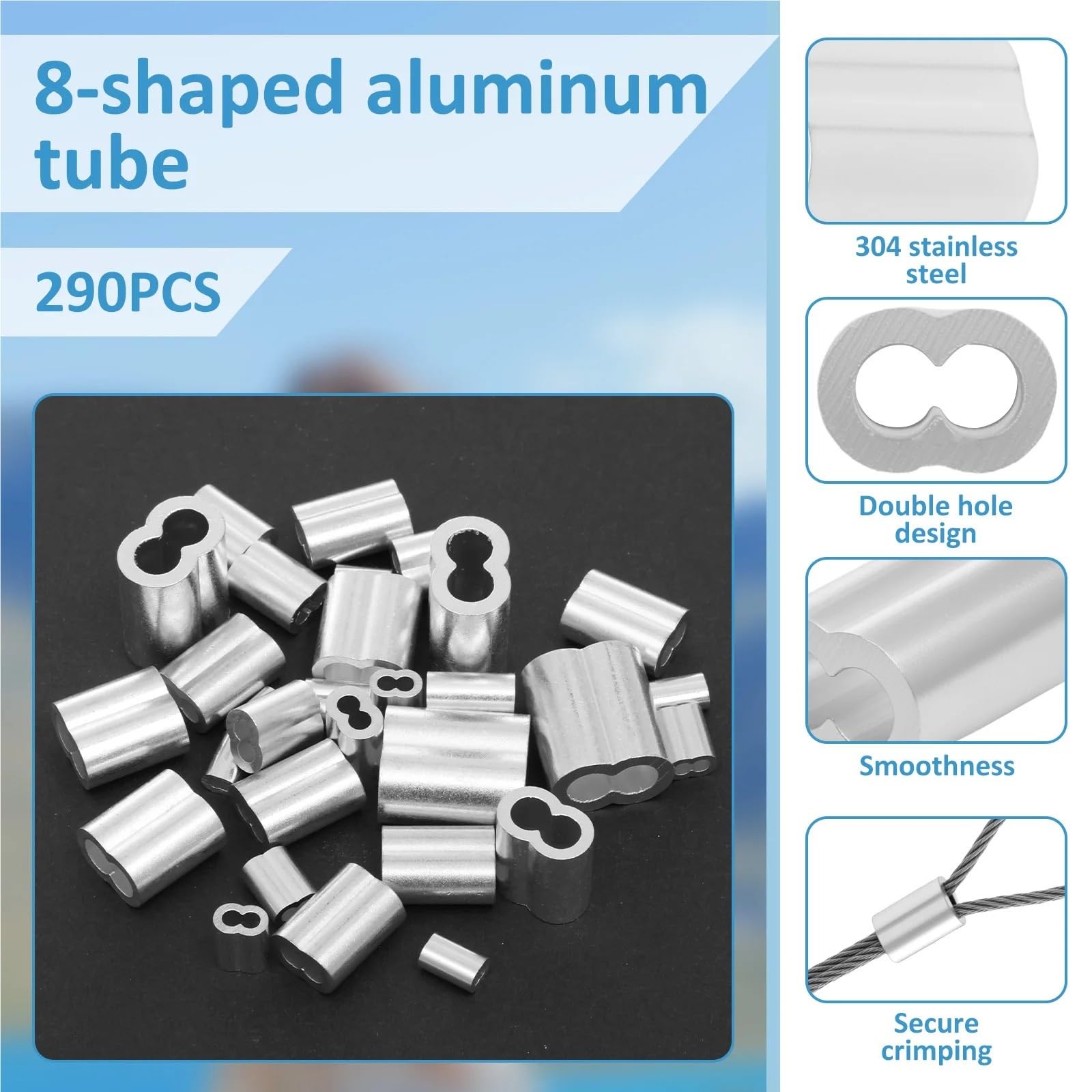 340 pièces de manchons sertissage en acier inoxydable, clips fixation, aluminium/joints câbles M1-M5, cosses câble Convient aux câbles et aux cordes