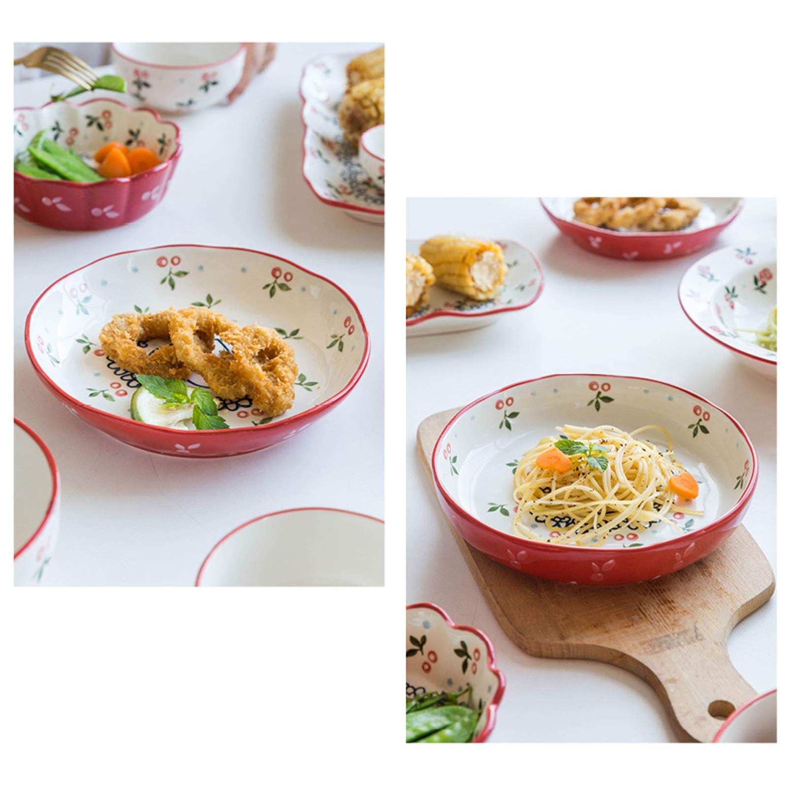 Bellissimo Set di stoviglie da Cucina da 8 Pezzi, Servizio per 2 Set di Piatti Piani con Motivo Ciliegia, Set di Piatti in Ceramica Carini, Piatti Lavabili in microonde e lavastov
