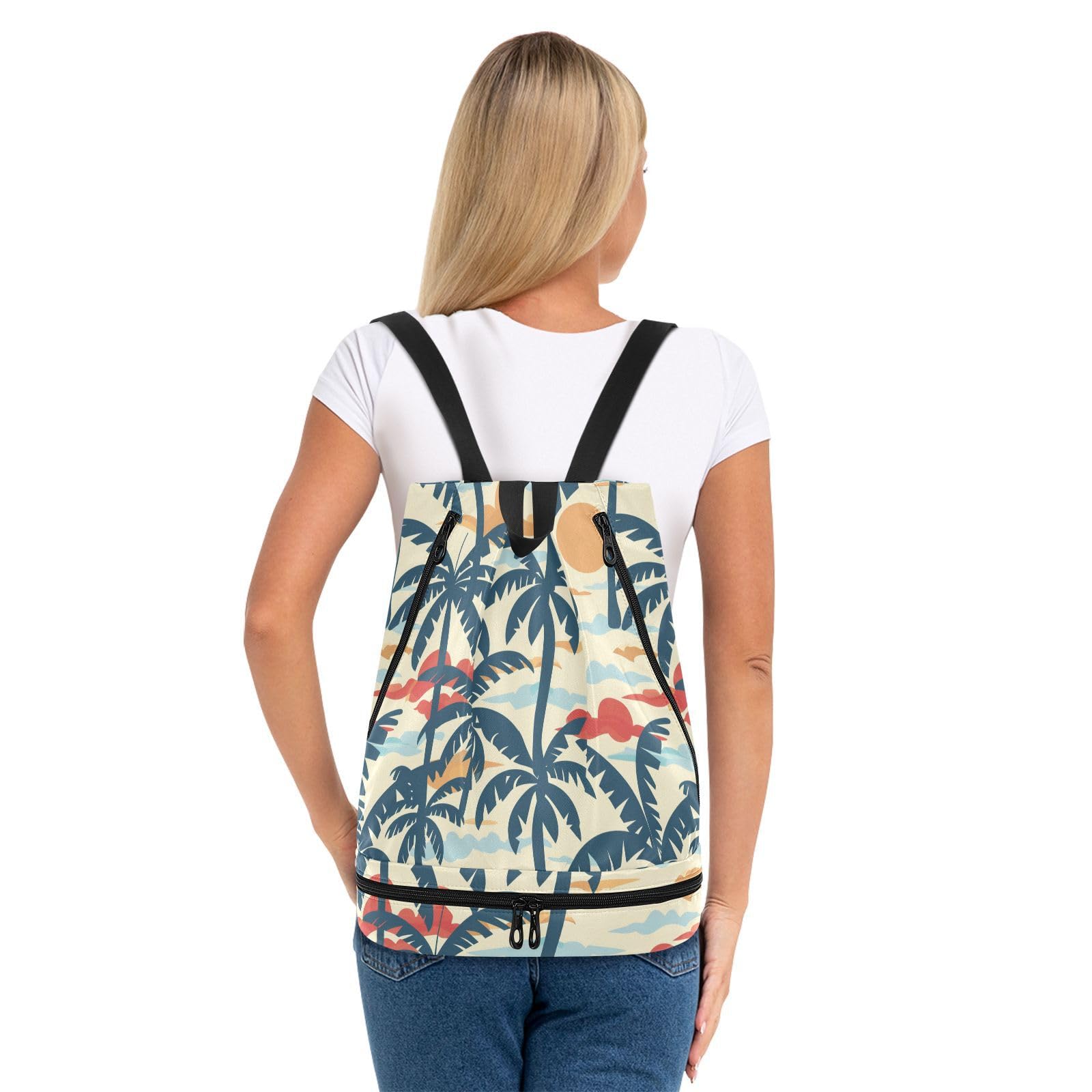 Zaino da spiaggia in stile hawaiano con coulisse, senza cuciture, borsa da spiaggia con scomparto per bagnato e asciutto