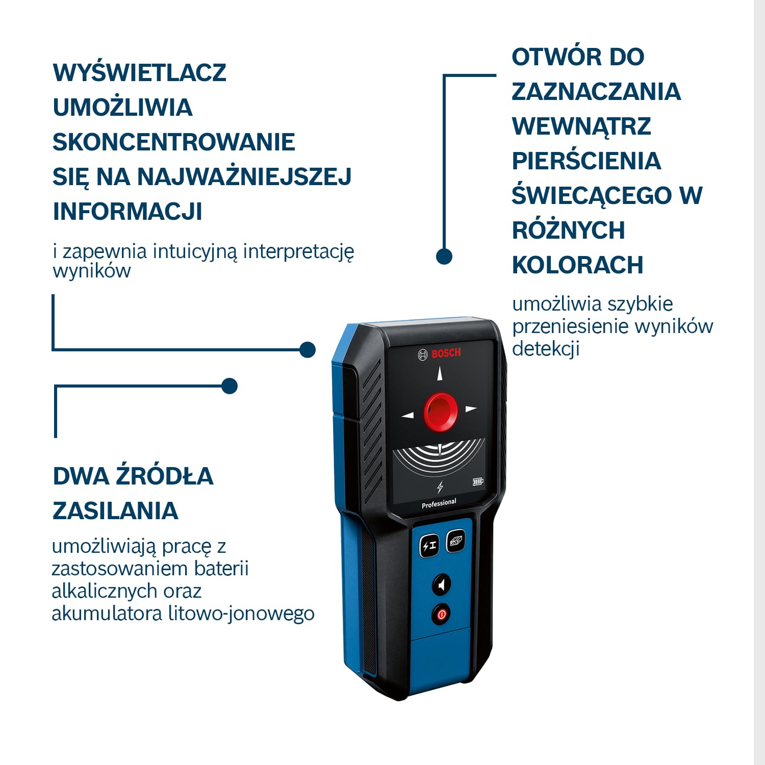 Bosch Professional: detektor GMS 120-27 (maks. głębokość detekcji metali niemagnetycznych/metali magnetycznych/przewodów pod napięciem/drewna: 120/100/50/30 mm, 2 baterie AA, marker, pokrowiec)