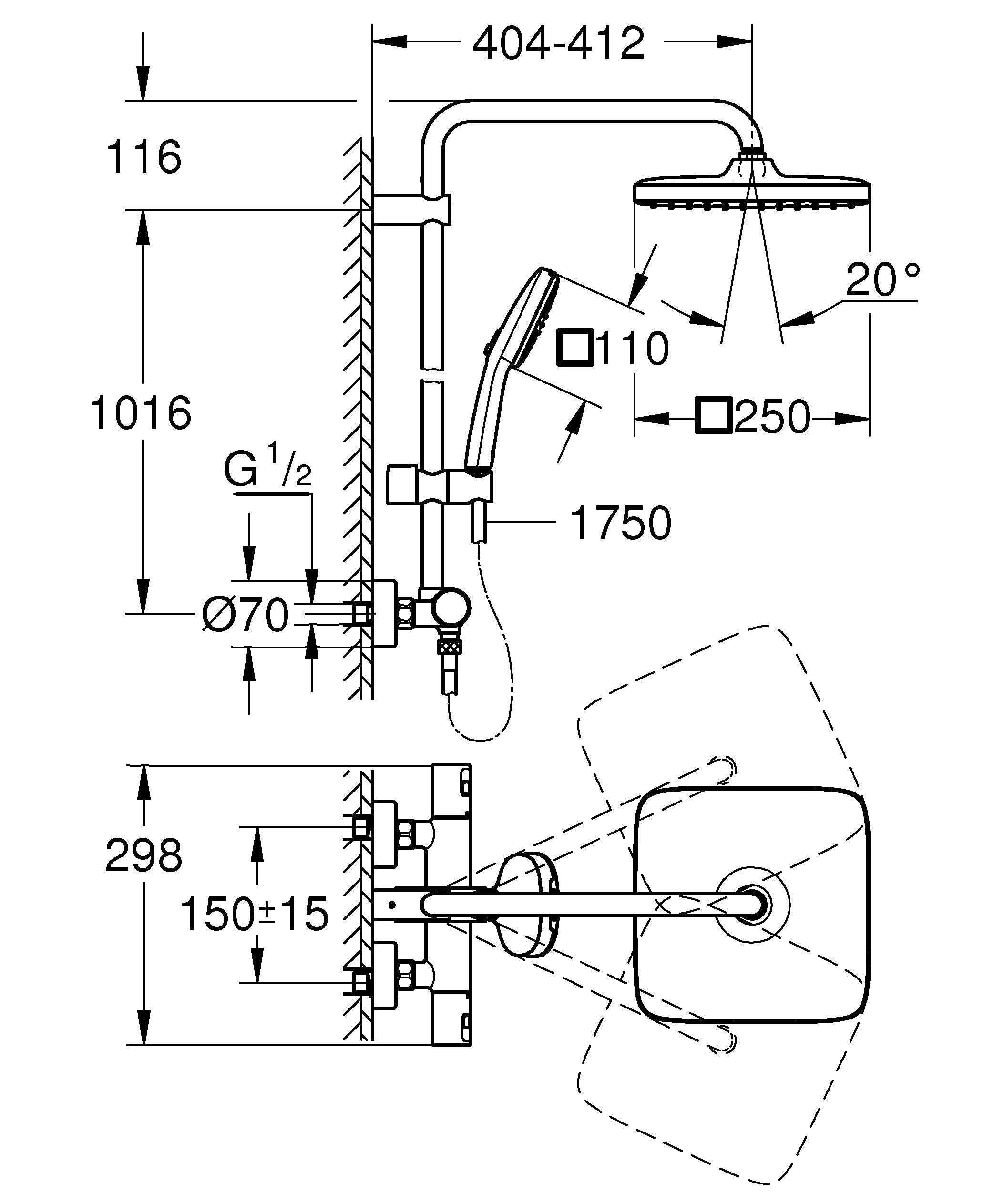 GROHE Vitalio 250, Duschsystem wassersparend 8l pro Min (Regendusche mit Thermostat, schwenkbare Kopfbrause, Sicherheitssperre bei 38C°, Duscharmatur mit Antikalk-System), eckig, chrom, 26696001