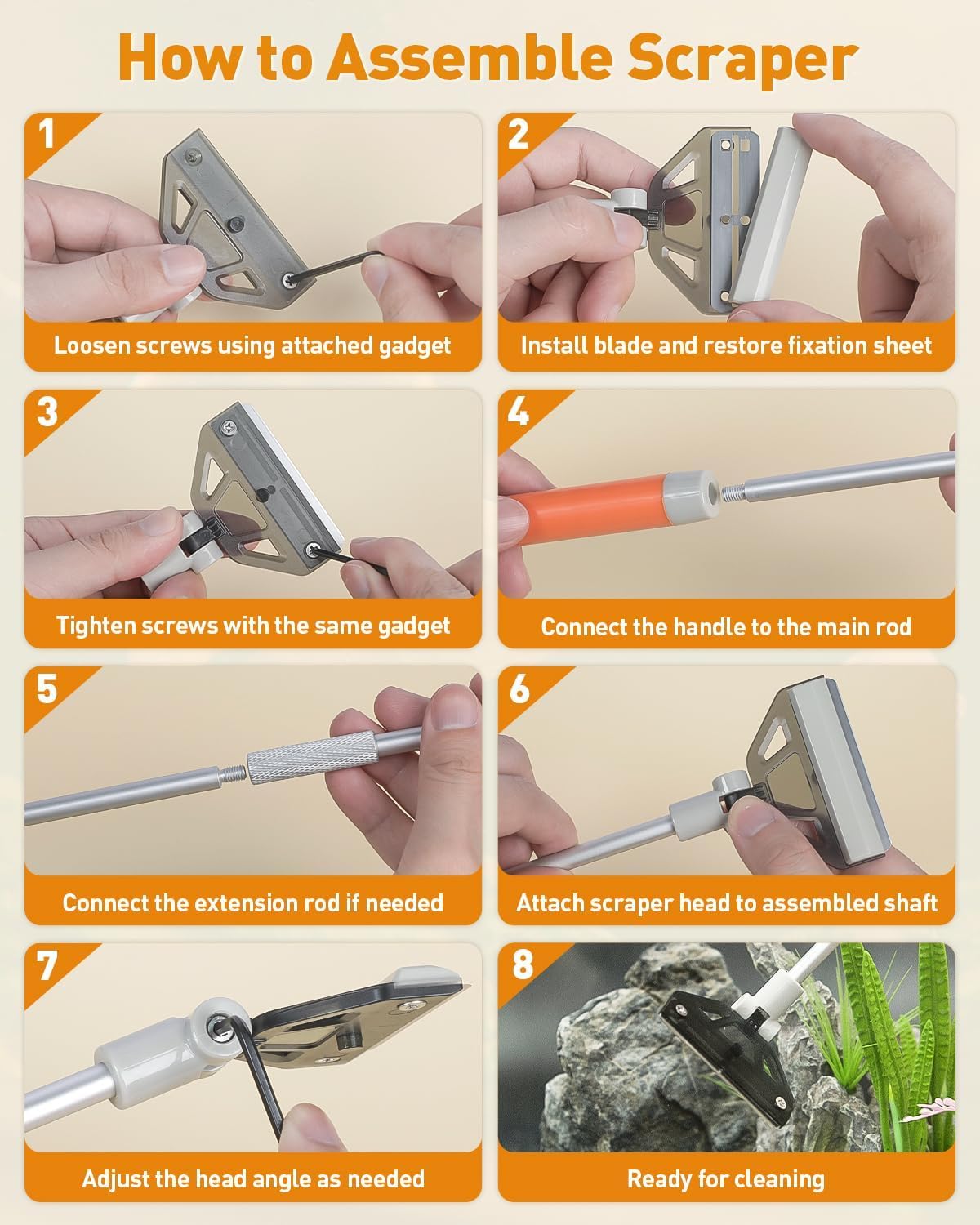 Pawfly Raschietto Alghe per Acquari 2 in 1 con Spazzola e 5 Lame Acciaio, Pulitore Vetri per Acquari di Barriera e Piante, Strumento Pulizia per Vasche