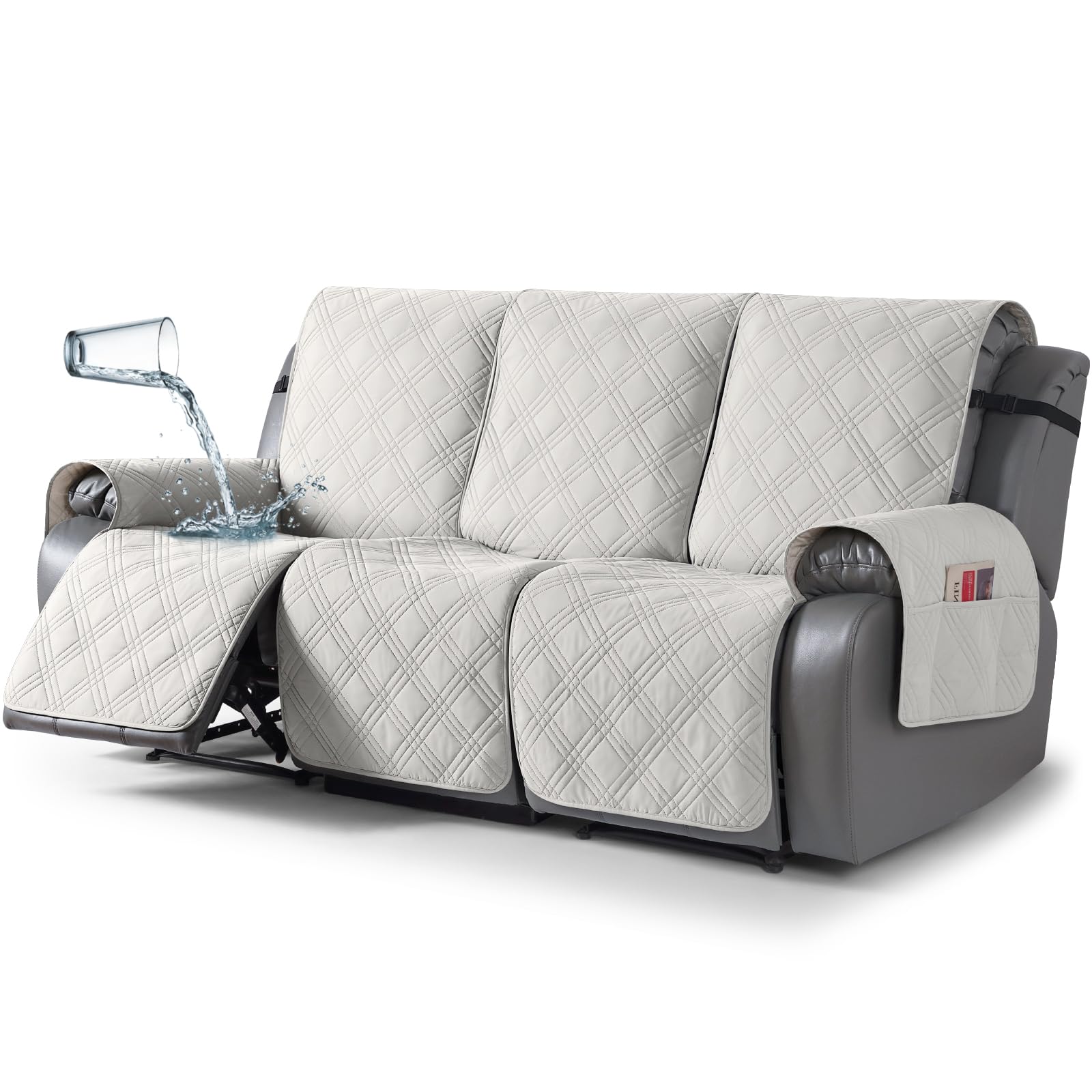 TAOCOCO 100% Waterproof Recliner Sofa Cover, Non Slip Split Couch Covers for Reclining Couches with Elastic Straps, Washable Reclining Sofa Cover Furniture Protector for Kids Pets(3 Seater, Off White)