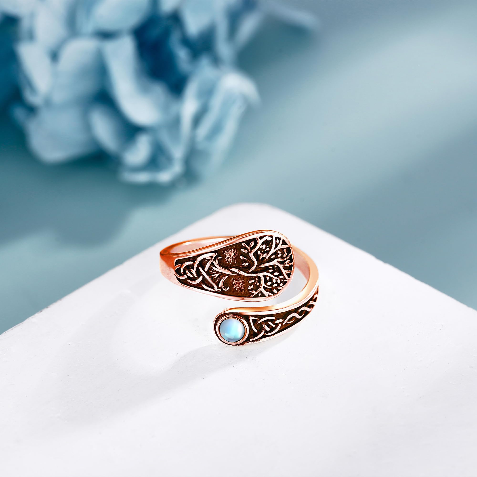 DAYLINLOVE Baum des Lebens Ring 925er Sterling Silber Keltischer Knoten Mondstein Einstellbarer Offener Daumen Ring Baum des Lebens Schmuck Geschenke für Damen Frauen Mädchen Mama Oma