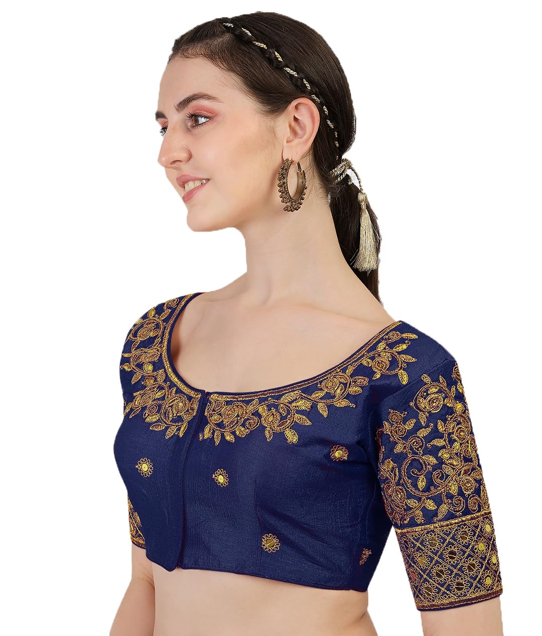 Pujia Mills Women's Silk Embroidery Khatli Work With Stone Work Readymade Blouse