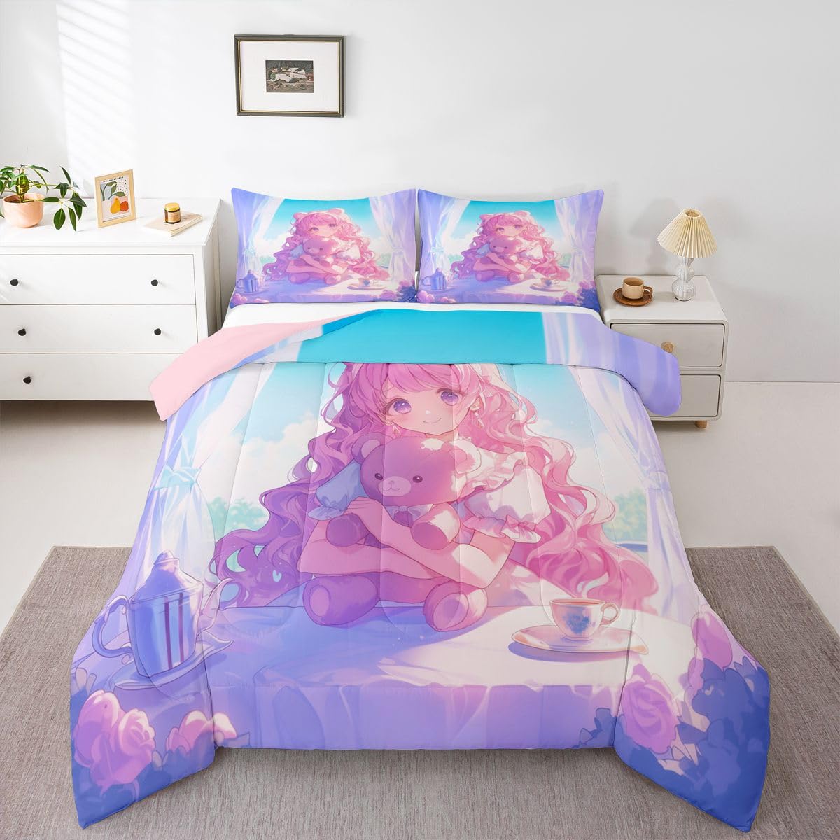 Erosebridal 3D Anime Girl Comforter Set Twin, Japanese Girl Romance Love Bedding Cartoon Anime Gifts Bedding Comforter Sets, Rabbit Lovers Gifts - 1