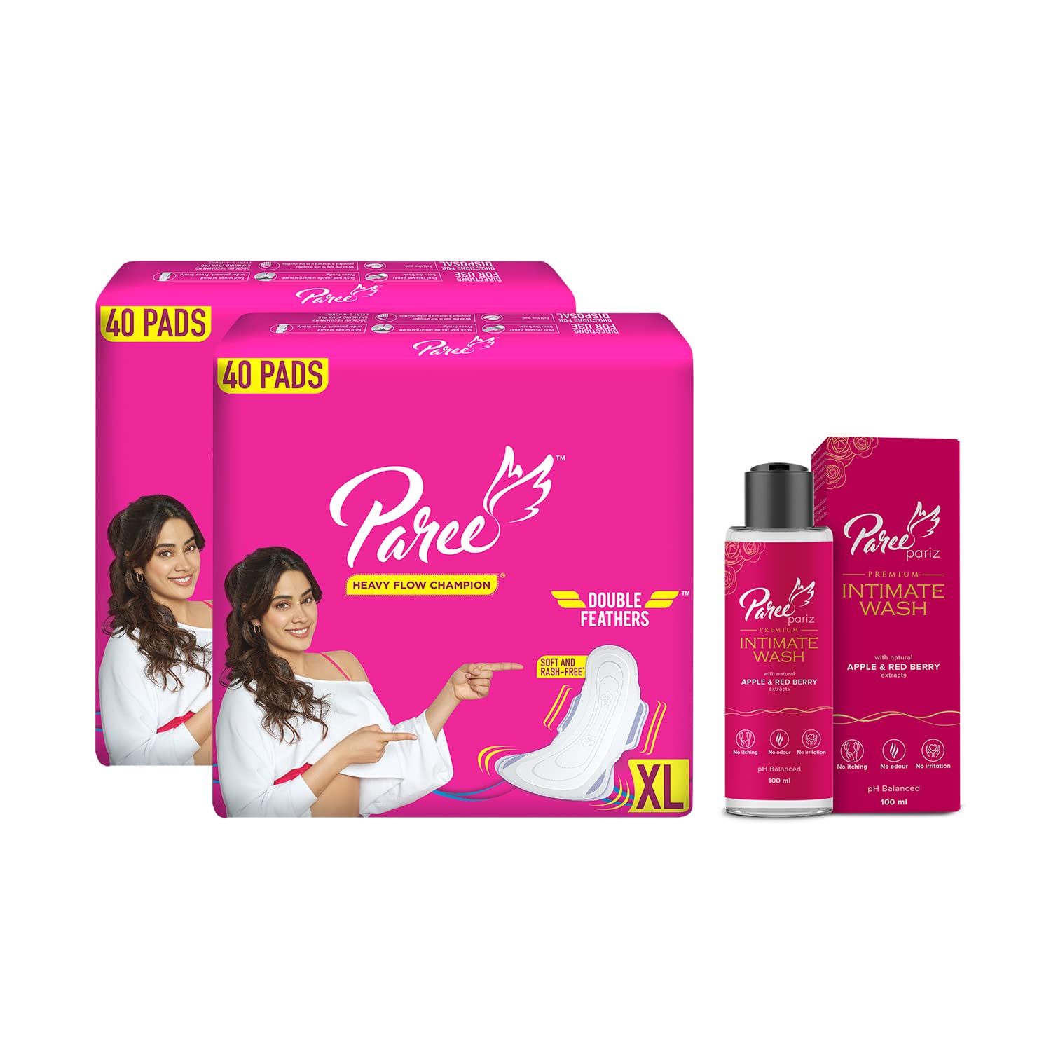 Paree Soft & Rash Free XL Sanitary Pads, 80 Pads (Combo of 2) + Paree Pariz Intimate Wash with Apple & Red Berry Extracts (100ml)