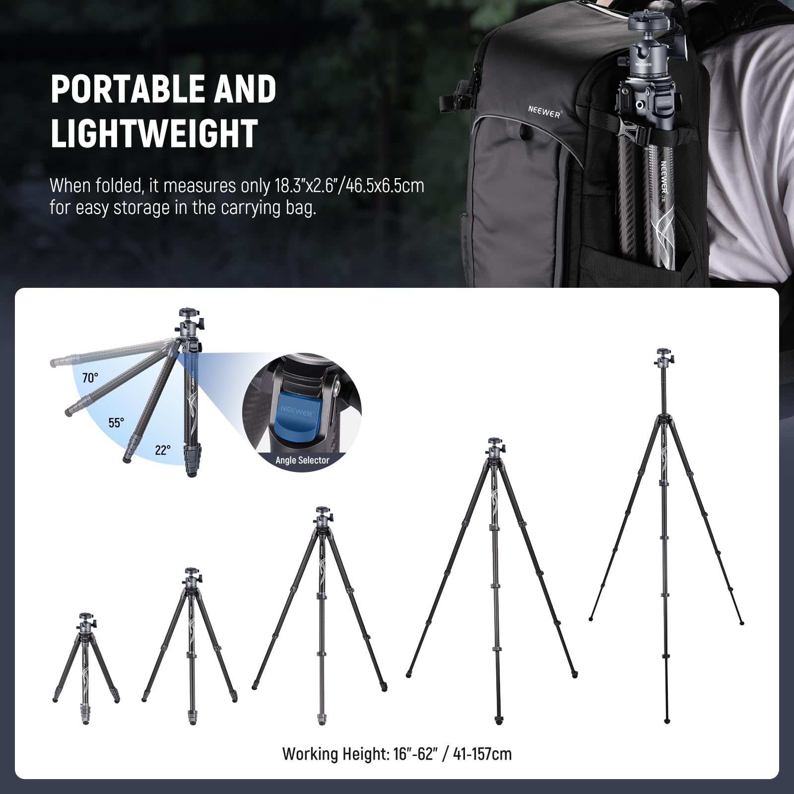 NEEWER LITETRIP 62" Trípode Viaje Cámara, Soporte Portátil Fibra Carbono con Nivelación ±15° Extraíble 360° Rótula Pan, Carga Máx 22lb/10kg, Placa Arca QR Compatible con Peak Design Capture V3, LT34