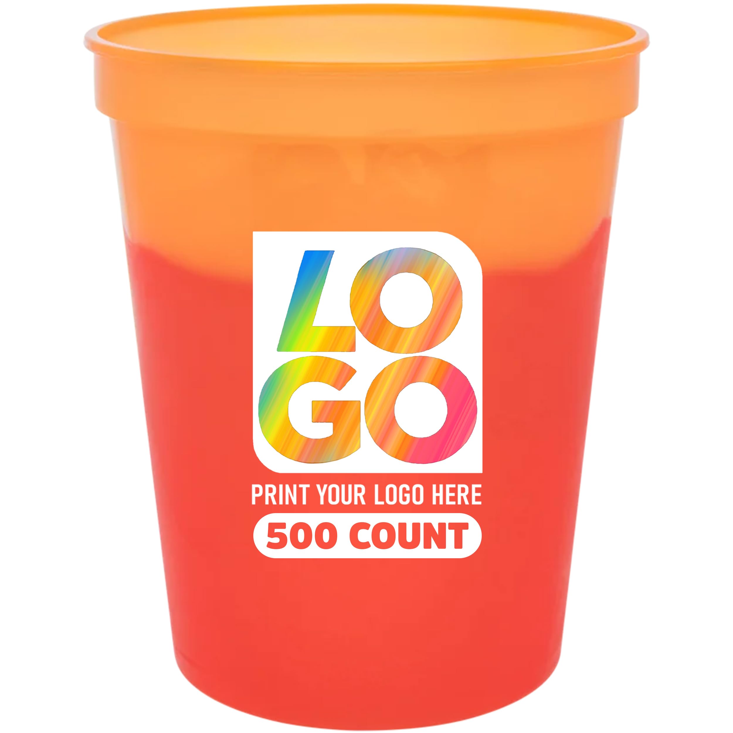 16oz Color Changing Stadium Cups with Custom Multi-Color Imprint for Parties & Events (Orange To Red, 500 Cups)