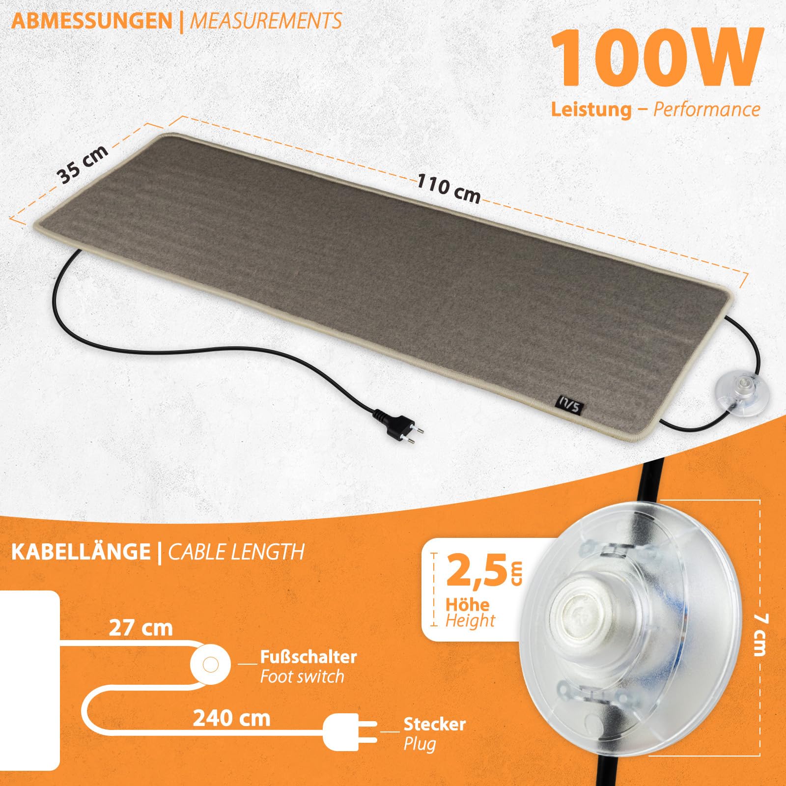 17/5 Heizteppich Heizmatte 35x110cm 100Watt Farbe: Camel - Für Schreibtisch, Home Office, PC Arbeitsplatz
