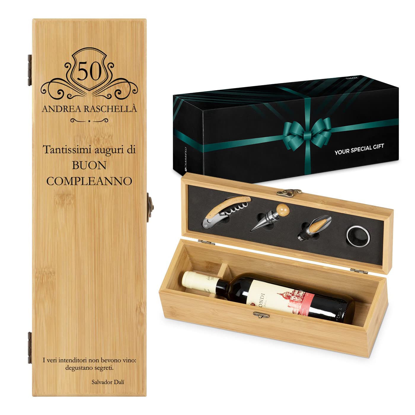 Maverton Cofanetto Porta Vino Amore Completo di Accessori - Set Cavatappi da Vino Personalizzato - Scatola in Legno di bambù + 4 Pezzi di Accessori Vino - Regalo Uomo - Regalo di Natale - Compleanno