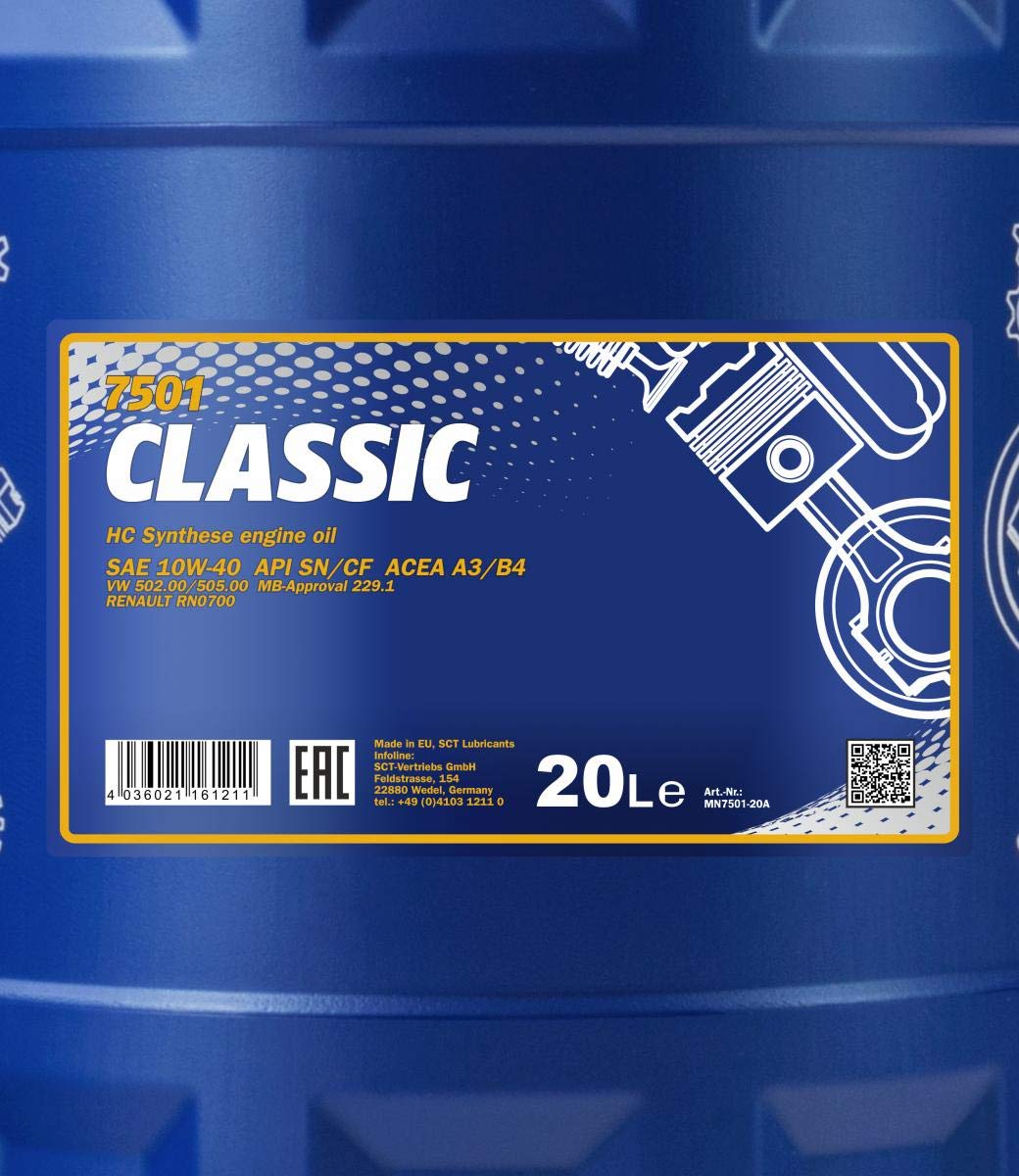 MANNOL 20L Classic 10W-40 Motorenöl ACEA A3/B4 Motoröl 10W40 + Auslaufhahn