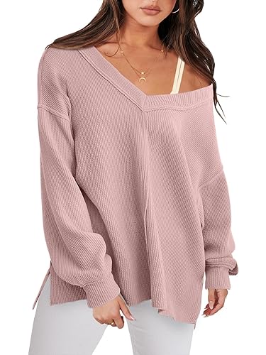 ANRABESS Oversized Long Sleeve Shirts for Women Off the Shoulder Sweatshirt Loose V Neck Tunic Tops High Low Sweater 2025 - Pink - XX-Large
