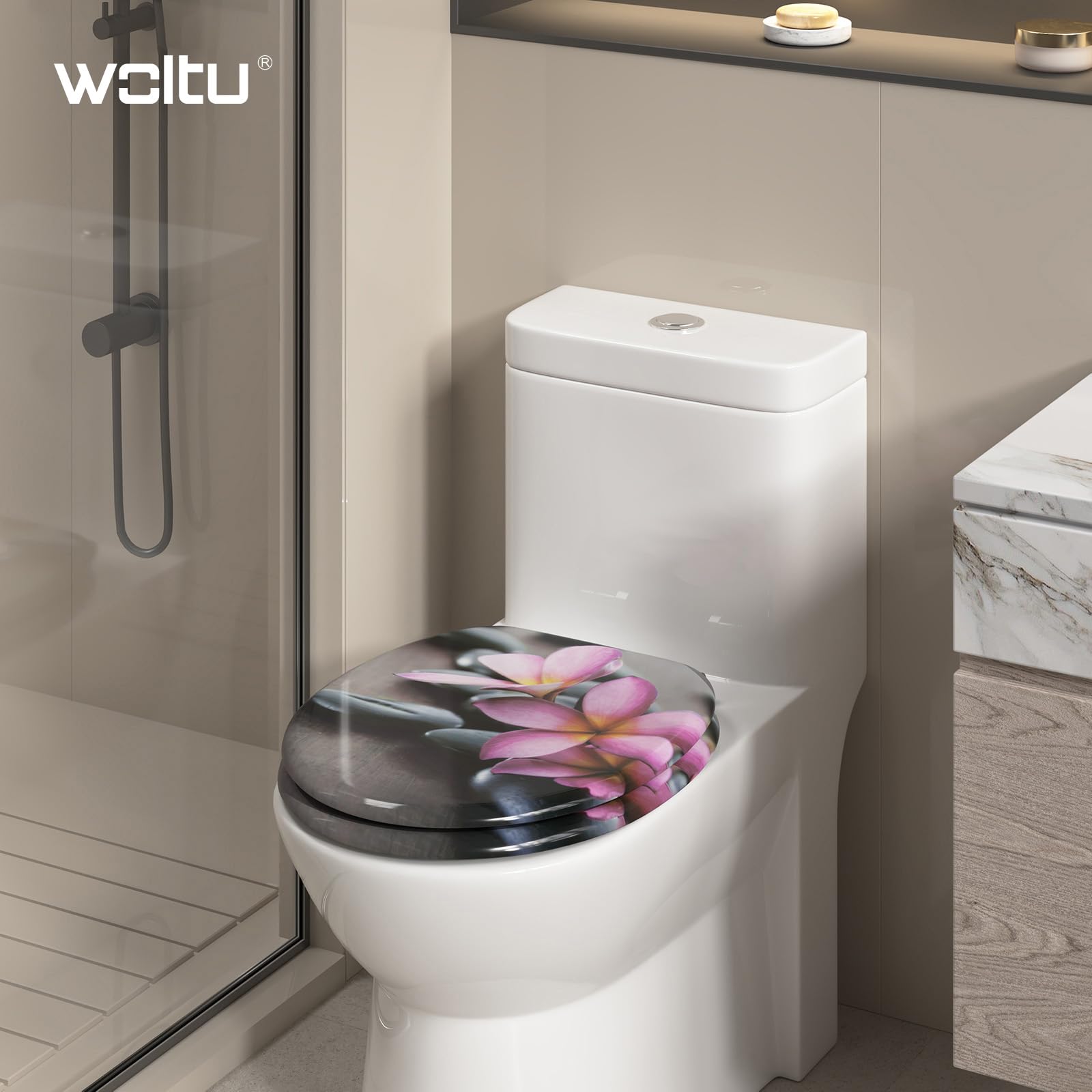 WOLTU Toilettendeckel mit Absenkautomatik O-Form aus MDF, Wc Sitz mit Absenkautomatik, Leicht zu Reinigen, Blumenmotiv Grau
