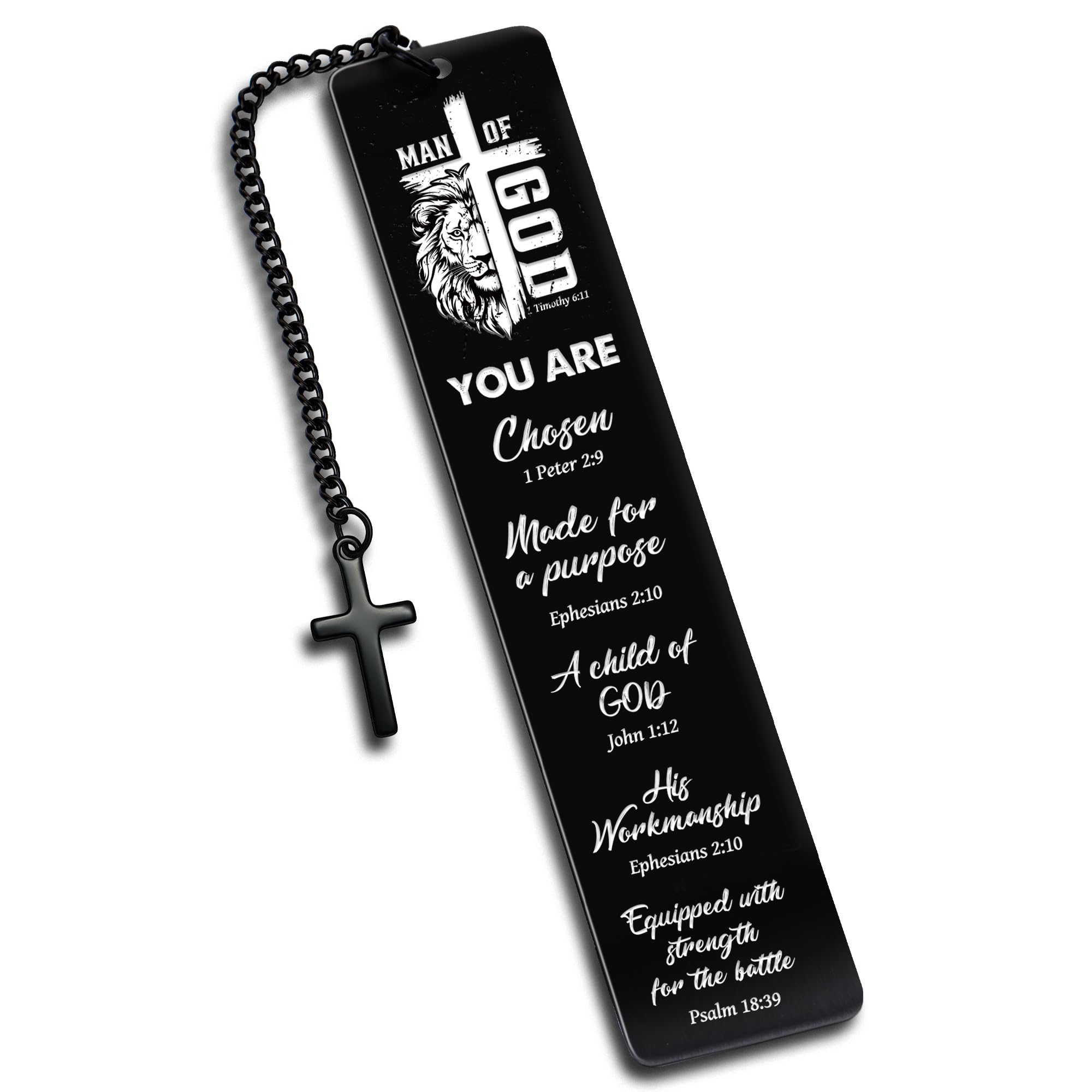 Zaamwoyy Christian Metal Bookmark Man of God, Black Inspirational Lion Bible Verse Book Mark with Cross Pendant, Religious Scripture Verse Bookmarks for Man Accessories Birthday Church Baptism Gift