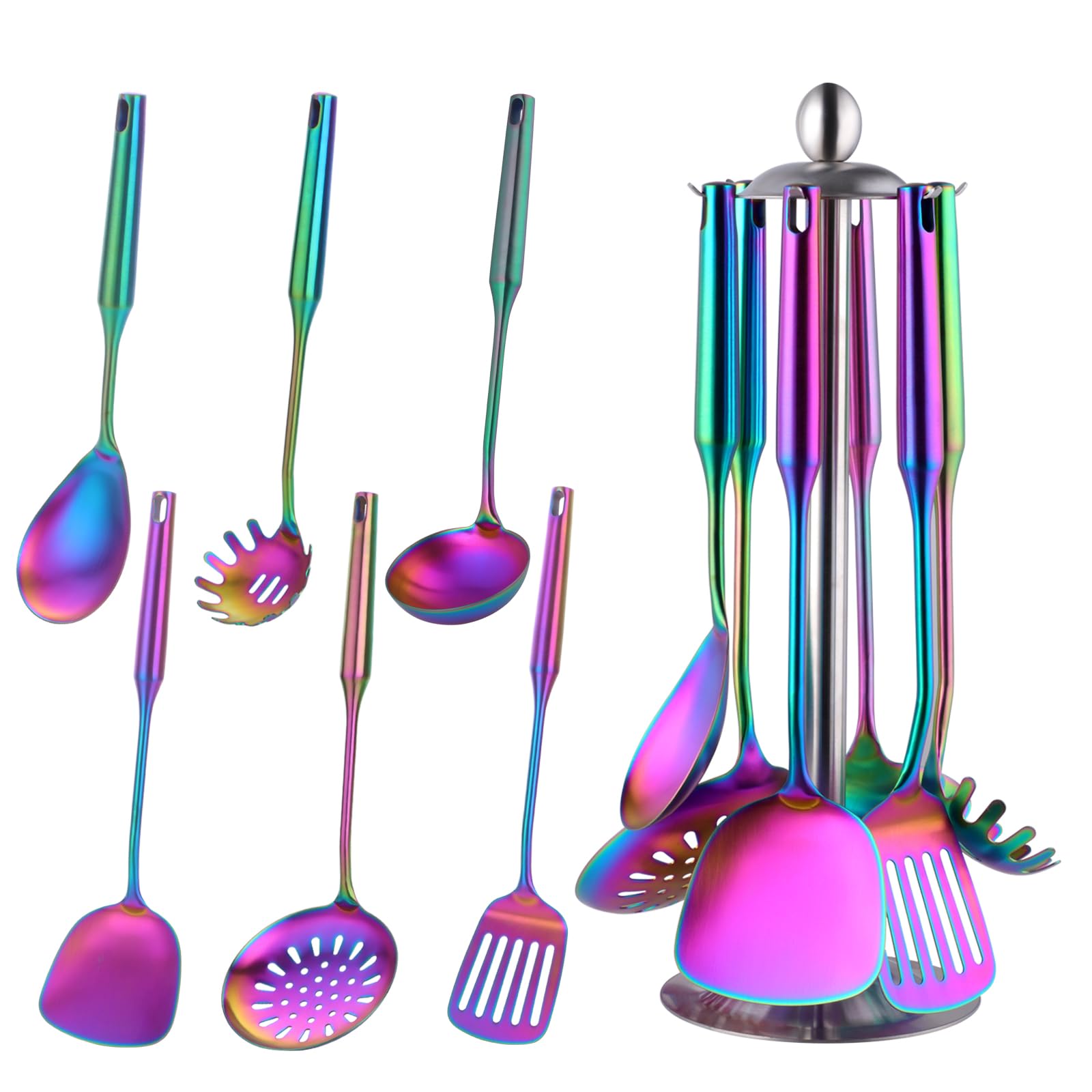 Edelstahl Kochutensilien Set 6 teilig mit 1 Ständer, Kochbesteck Set, 1 Wok-Spatel, 1 Geschlitztem Tuner, 1 Schaumlöffel, 1 Reislöffel, 1 Suppenlöffel, 1 Pasta Server (Regenbogen)