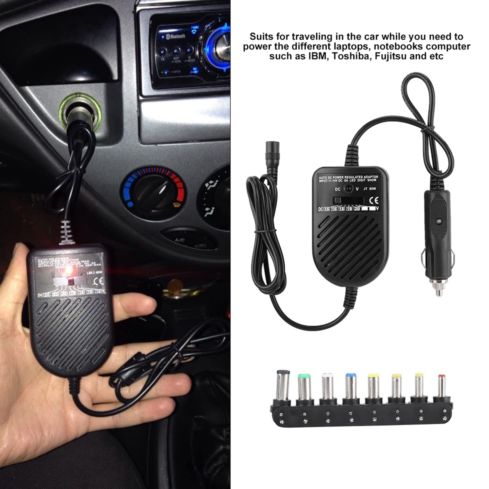 Adaptateur Chargeur Voiture pour PC Portable 80W, Alimentation Multi-Tension 15V-24V DC, Convertisseur Universel