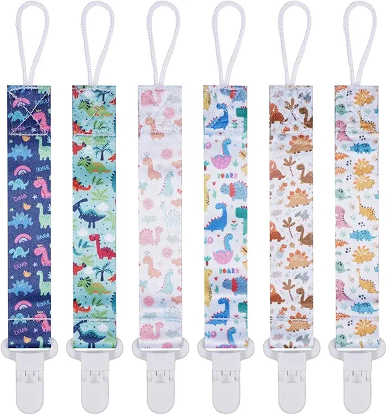 Baby Pacifier Clip,Paci Leash Binky Clips for Baby Boys and Girls,Newborn Essentials,Pack of 6 Gift Set. (Dinosaur)