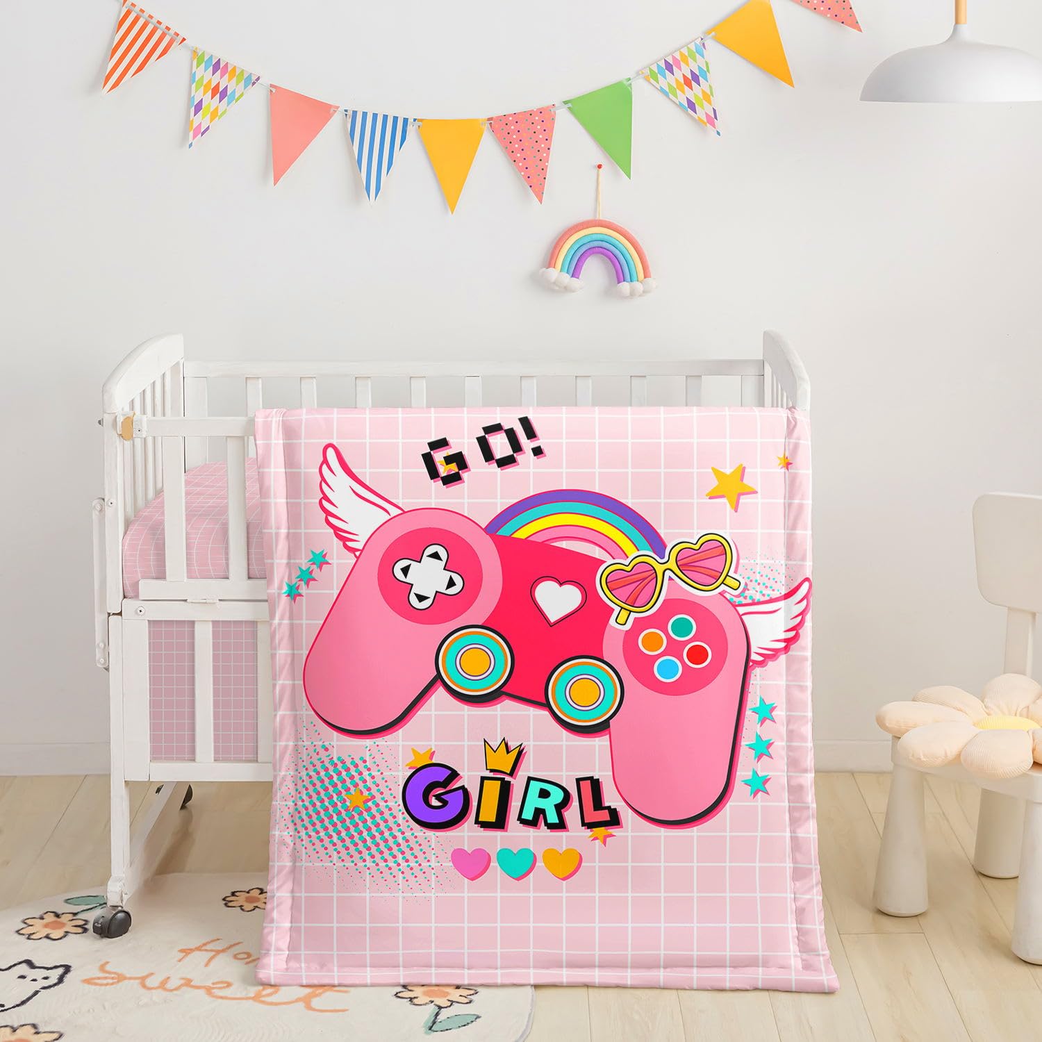 Crib Bedding Set,3pcs Nursery Crib Bedding with Comforter Crib Sheet &amp; Crib Skirt,Pink Gamepad Printed Nursery Bedding for Baby Boys and Girls(Gamepad Pink)