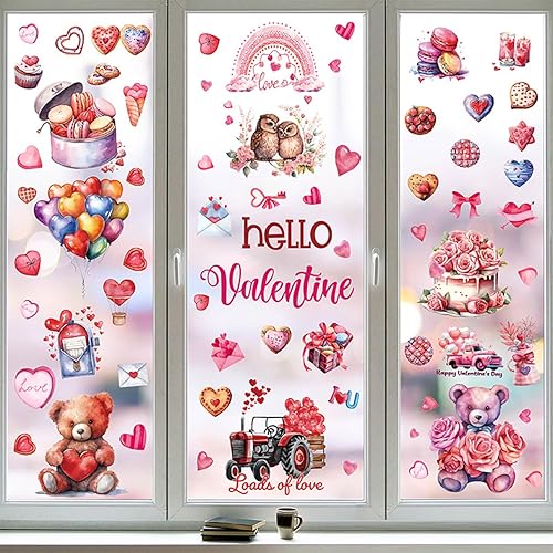 Miniatura 4 de 9 hojas de calcomanías de ventana para el día de San Valentín, diseño de oso de dibujos animados, decoración de ventana de doble cara de corazón