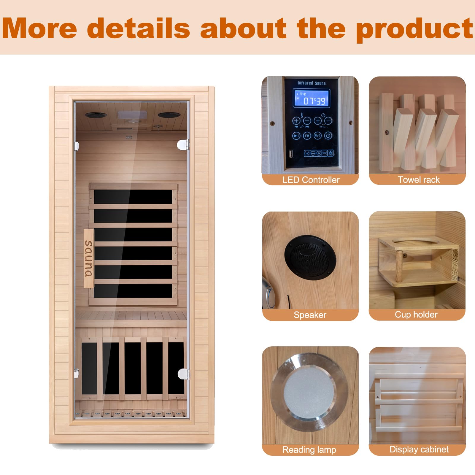 1-Personen Ferninfrarot-Sauna | 1350W mit Niederfeld-Technologie | 6 Infrarotstrahler & LED-Lichttherapie | Heimsauna aus Hemlockholz mit Bluetooth & einfacher Montage