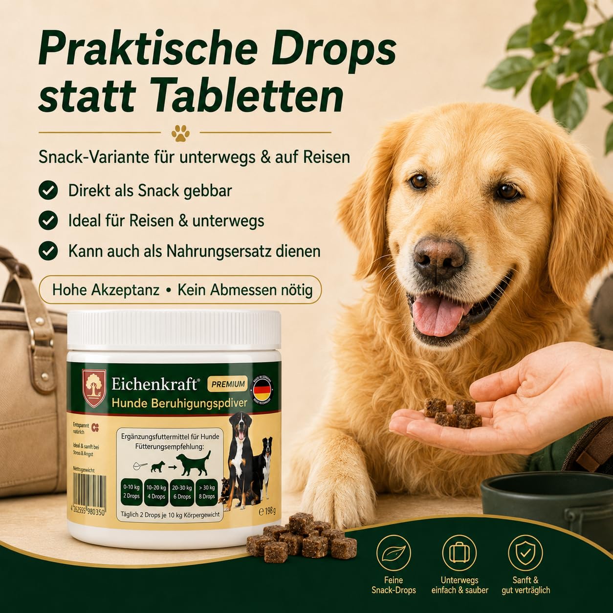 Hunde Beruhigungs Drops 270g | Kausnacks Hund für Beruhigung & Entspannungs- Anti-Stress-Mittel mit Baldrian, Ashwagandha, Johanneskraut, Hund beruhigen, Silvester, Autofahrt, Stress, Leckerli