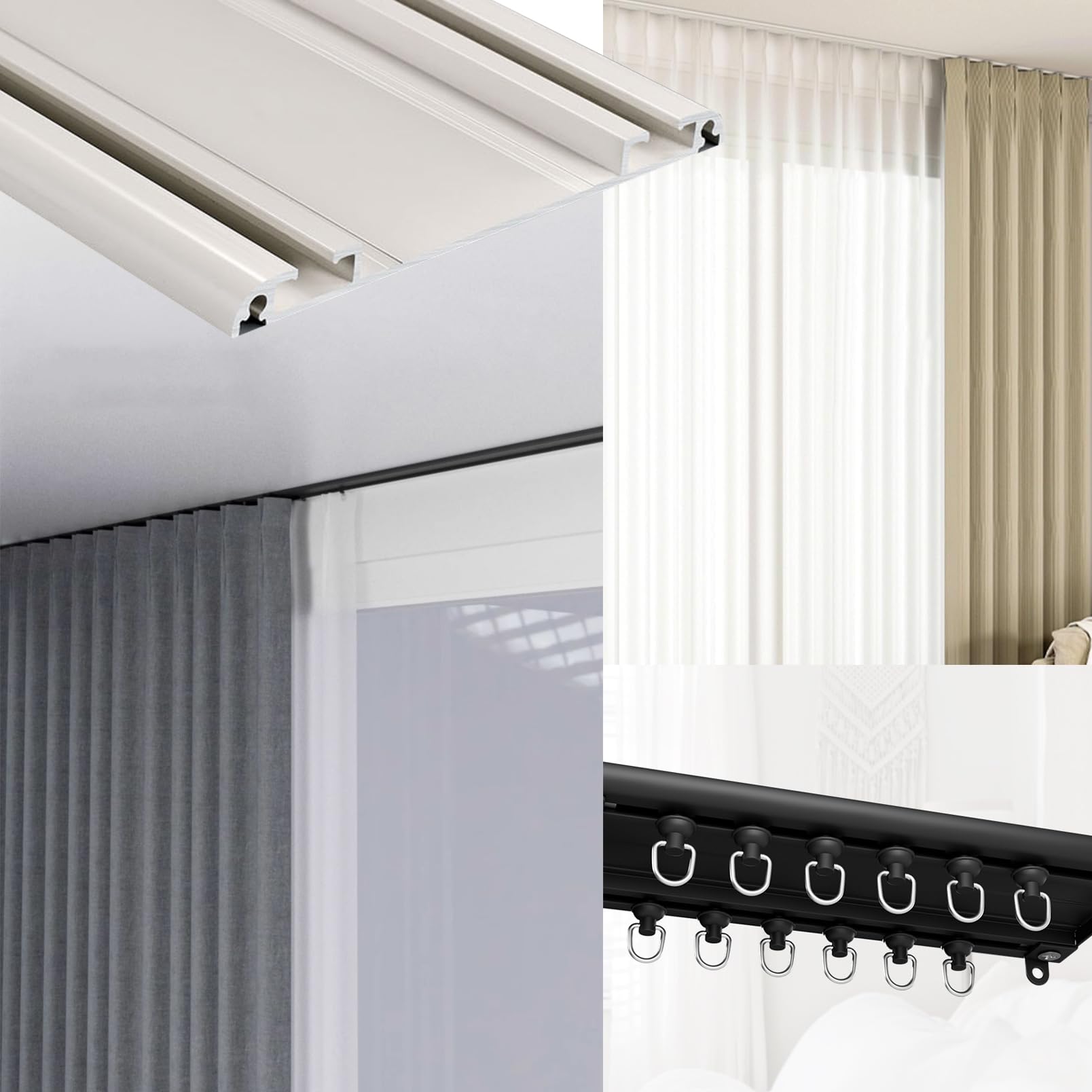 Rail Rideau Plafond 160cm en Aluminium, Tringle Double Rideaux Blanc Ultra Fins, Rail Rideaux Plafond pour Salon Balcon Séparateur De Pièce