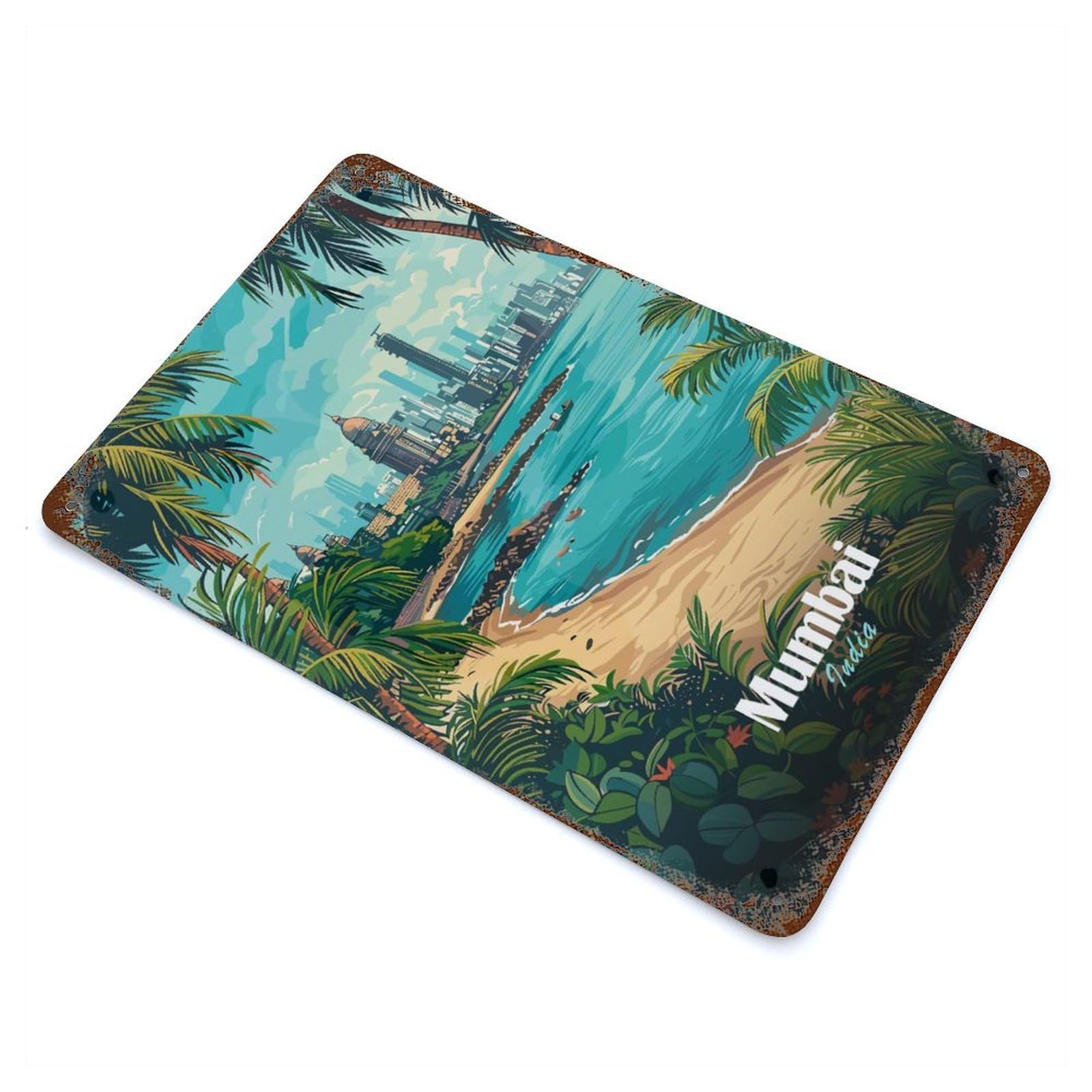 Mumbai Cityscape with Beach Rustic Tin Plaque 11.8"x7.9", for Shed, Workshop And Garage Wall Decor, Rustic Home Decor