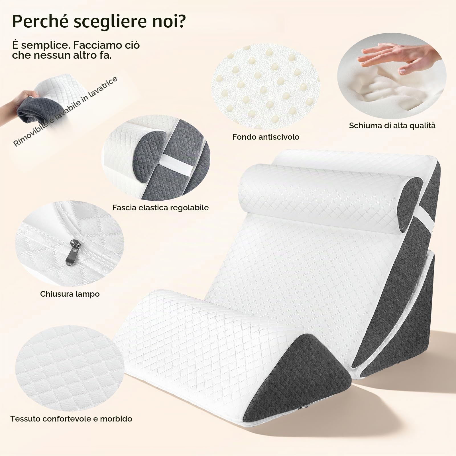 Set di 4 cuscini a cuneo ortopedici regolabili in memory foam, cuscini triangolari pieghevoli con rivestimento rimovibile e lavabile, cuscino per la schiena, cuscino da lettura per letto e divano, per