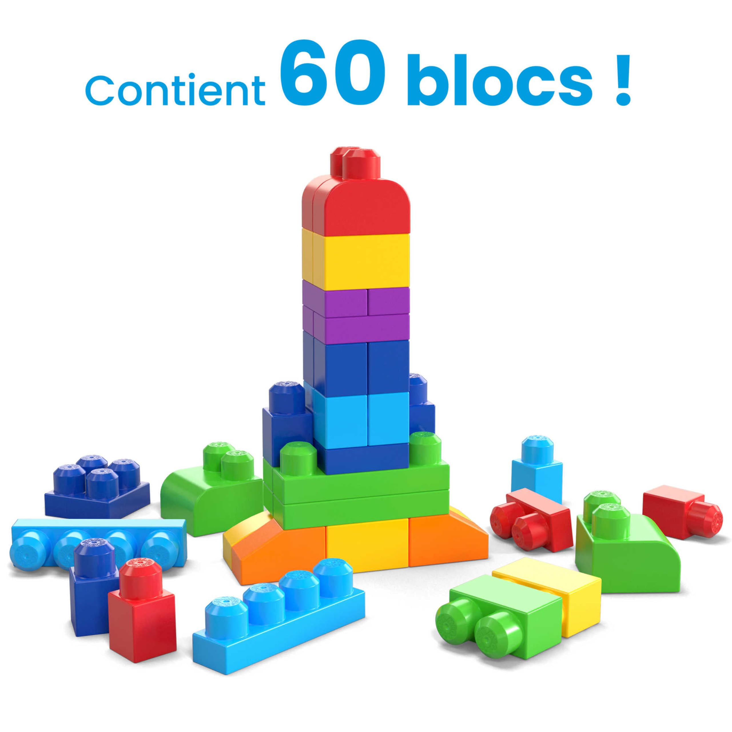 MEGA Bloks, Blocs De Construction, Grand Sac De Construction Bleu, Couleurs Classiques, 60 Blocs De Construction Empilables, Jouet Enfant, Jouet pour Enfant de 1 ans et Plus, DCH55