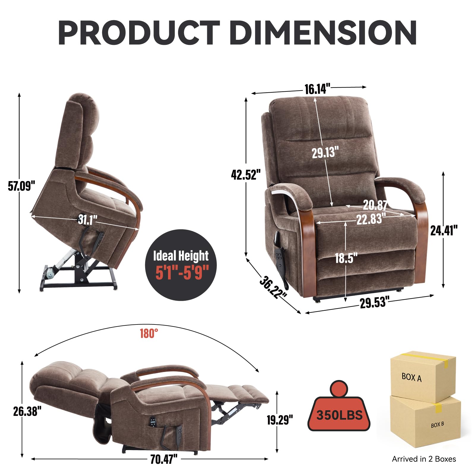 Power Brown Chenille Lift Recliner Chair Dual Motor Infinite Position Up to 350 LBS with Solid Wood Armrests, Heat Massage and Heavy Duty Motion Mechanism