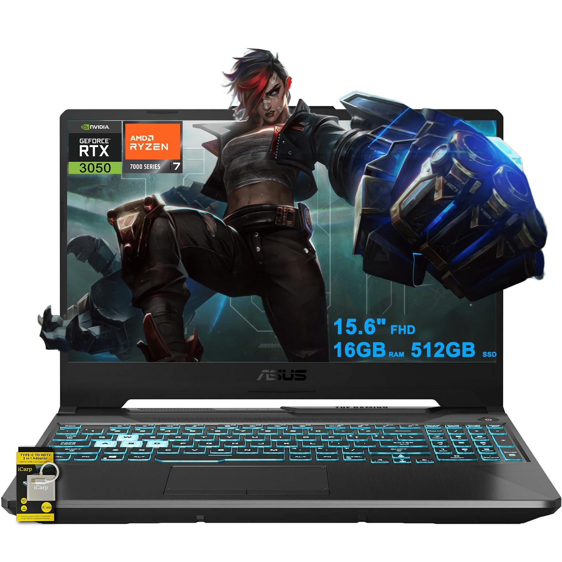 TUF Gaming A15 Laptop 15.6" FHD 144Hz (100% sRGB) AMD 6-core Ryzen 5 7535HS 16GB RAM 512GB SSD GeForce RTX 4060 (Up to233 AI Tops) RGB Backlit USB4 Win11 ICP Hub