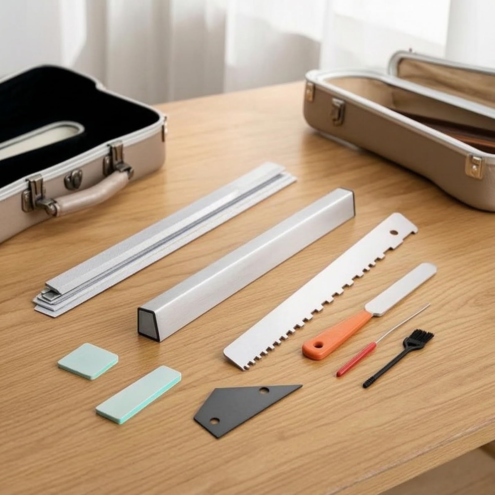 set Gitarren Reparaturset Pflege Kit Einstellwerkzeug Bundabrichtwerkzeug mit Metall Maßkante Kerblineal Feilen Schleifblöcken für Werkstatt Heimanwendung Proberaum