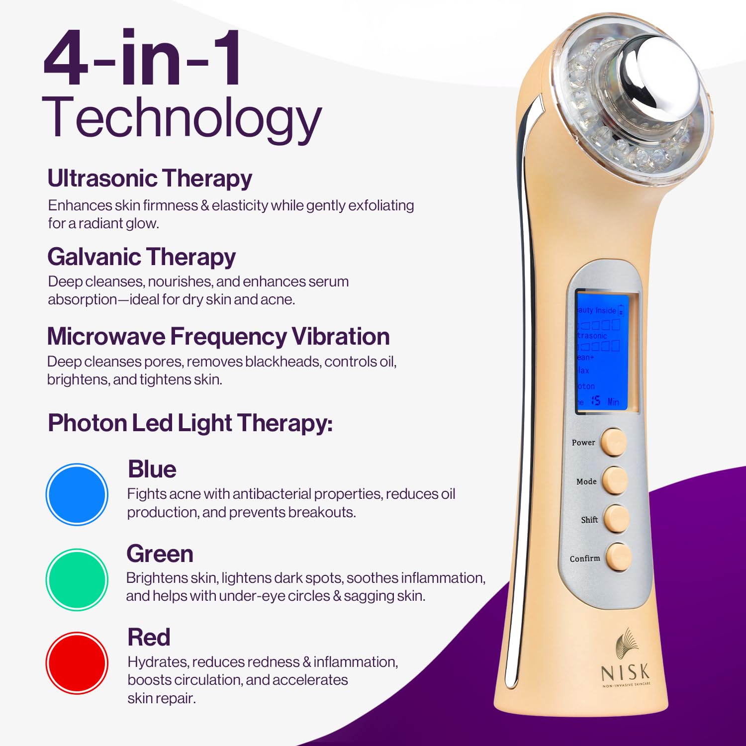 Nova 4-in-1 Facial Wand: Red, Blue and Green Light Therapy, Galvanic Ion Cleansing, Ultrasonic Face Lift & Anti-Aging Device, Tightening, and Rejuvenation for Home Use