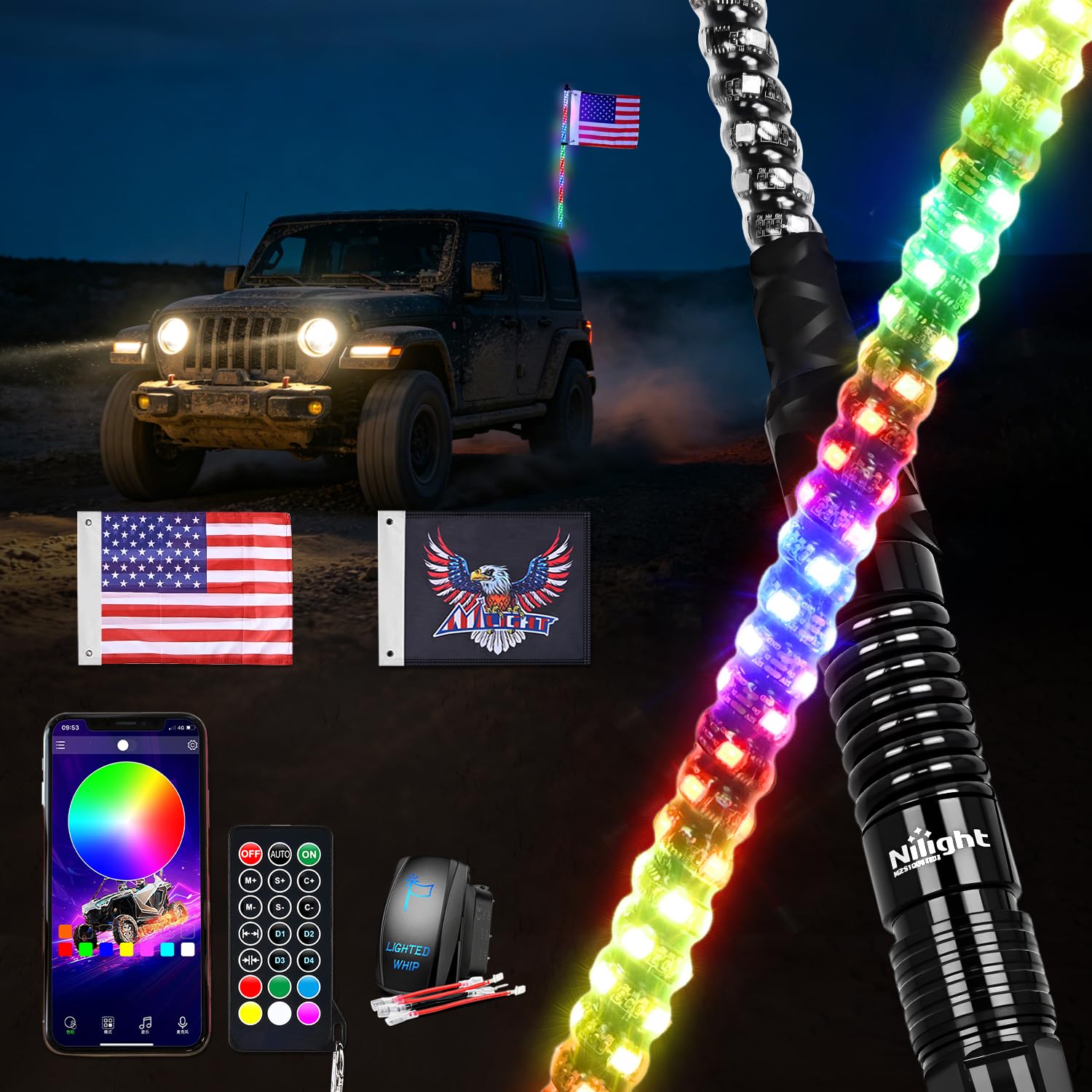 Nilight RGB LED Whip Light 1PC 5FT Spiral Antenna Whips