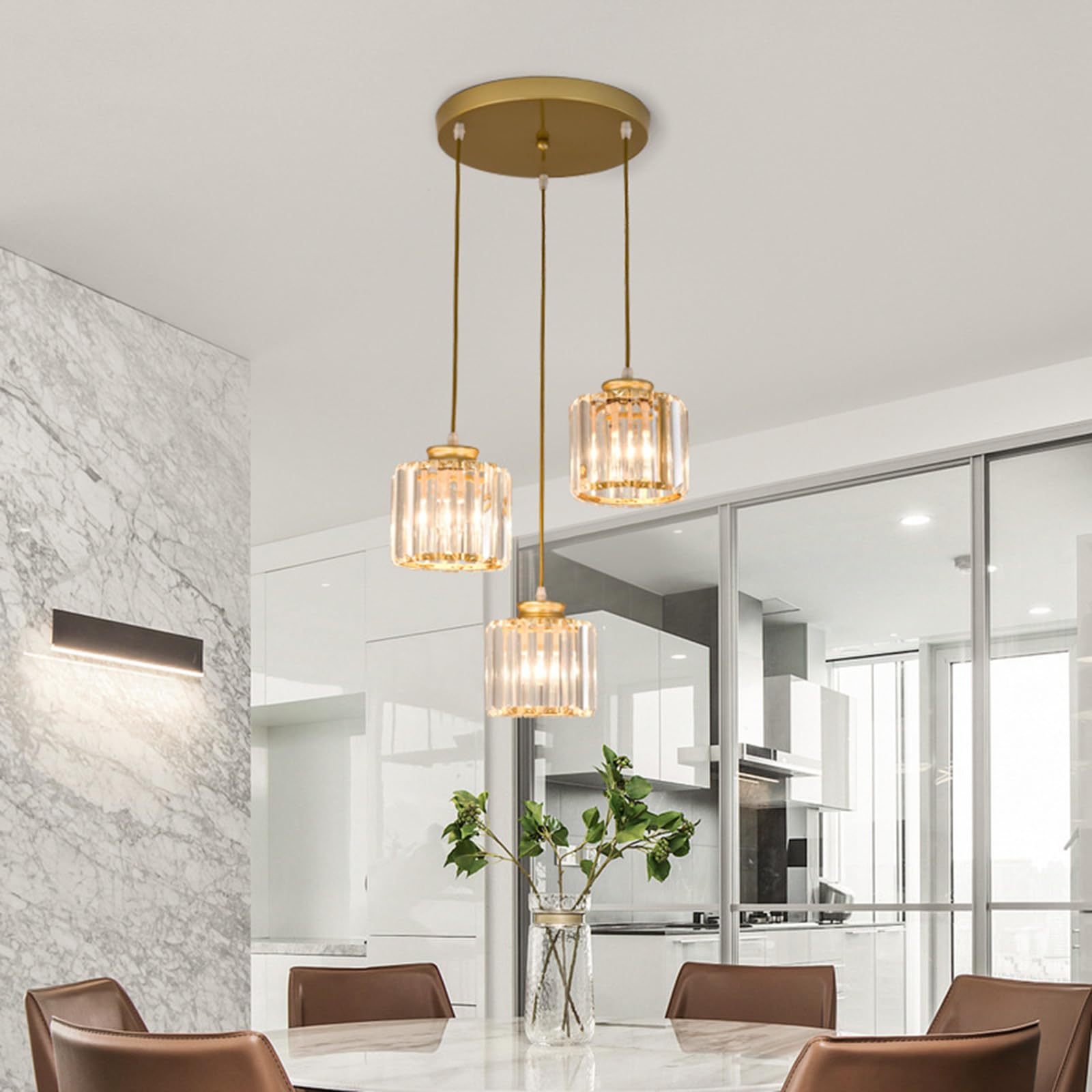 Lámpara colgante de cristal de 3 luces, base dorada y lámpara de techo de cristal, accesorio de iluminación colgante para cocina, isla, comedor, dormitorio (Oro)
