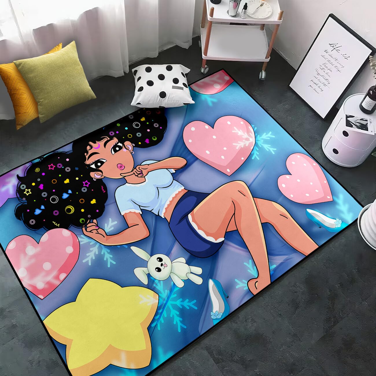 Black Girl Area Rug for Bedroom African Black Girls Floor Rugs for Living Room Playroom Blue Cute Cartoon Anime with Love Prints Carpets Home Decor