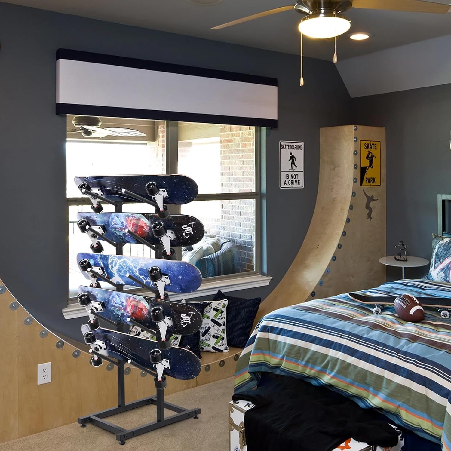 Skateboard Rack - Freestanding Metal Longboard Rack Stand Organizer | 5-Tiers Snowboard Storage Holder for Home Gym Garage Shop Skis Scooter