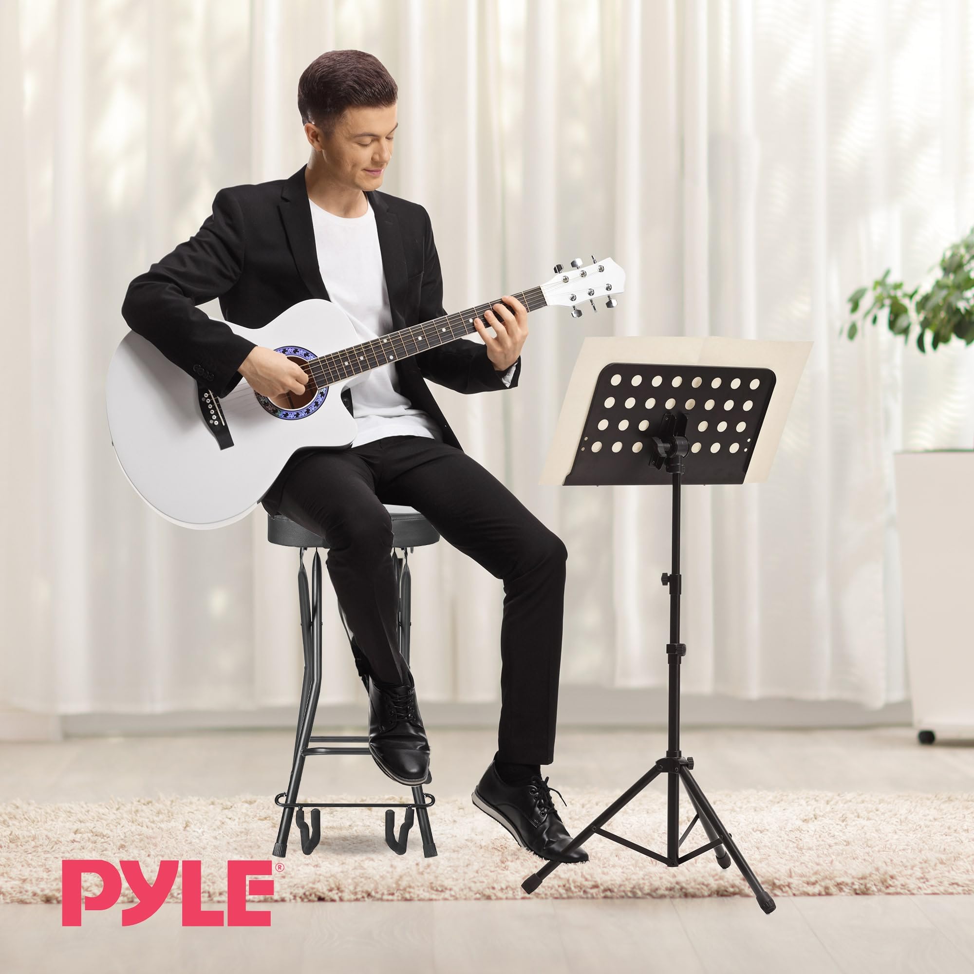 Pyle Tabouret Guitariste - Dossier Ergonomique Résistant avec Support Pliable, Repose-Pieds, Design Pliant, Supporte Les Guitares Acoustiques, Électriques et Basses, Capacité Maximale de 136 kg