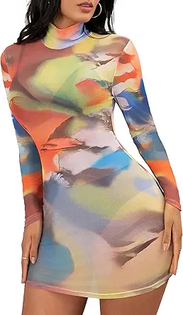 Sexy Long Sleeve Midi Dress for Women Sheer Mesh Printed Crew Neck Bodycon Party Clubwear See Through Dresses