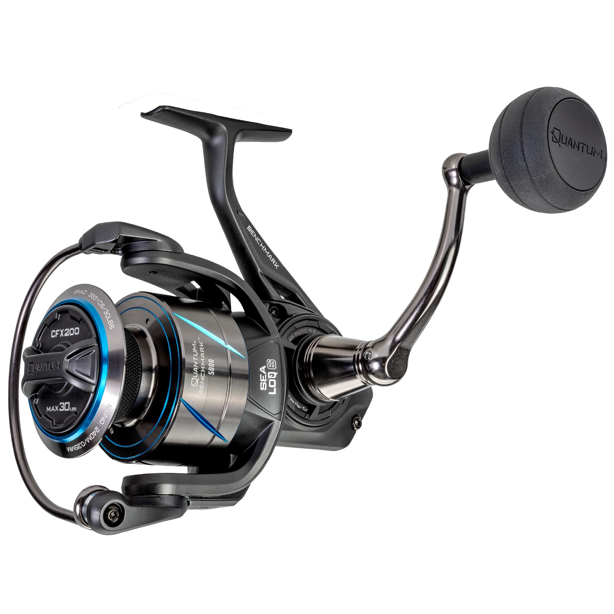 Quantum Benchmark Spinning Fishing Reel, 5+1 Bearings, Aluminum Frame, SEALOQ 6 Protection, GEARTEQ Machined Gears, CFX200 Carbon Fiber Drag, Silver/