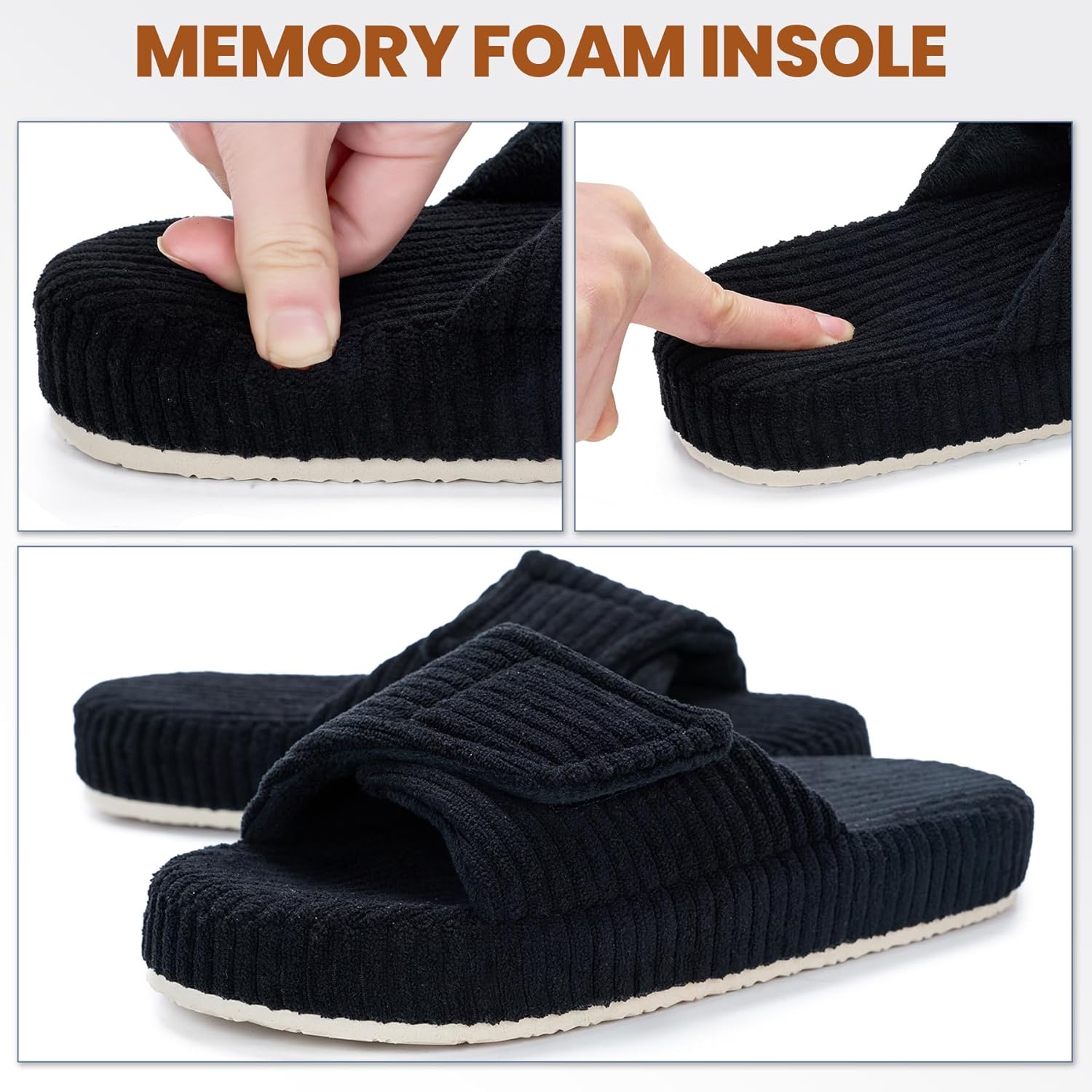 Women's Adjustable Corduroy Slippers - Memory Foam Open-Toe House Shoes - Supportive Non-Slip Footwear for Bedroom, Travel - Image 6