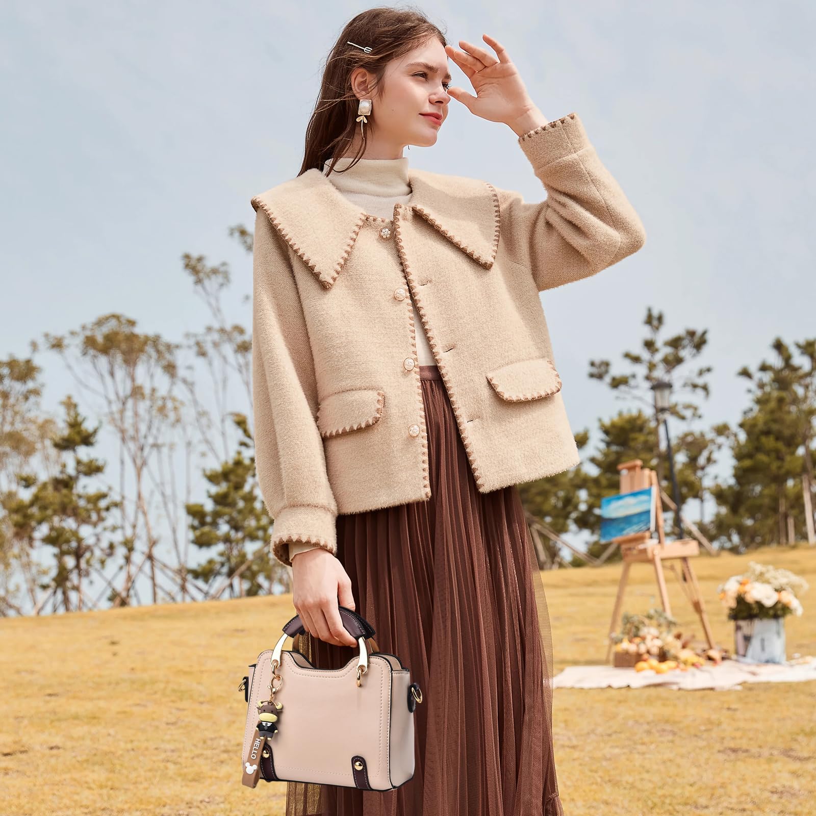 NICOLE & DORIS Handtasche Damen Klein Schultertaschen Mode Umhängetasche PU Leder Top Griff Tasche Mini Henkeltasche Mädchen Crossbody Bag mit Anhänger Grün mit Buchstaben