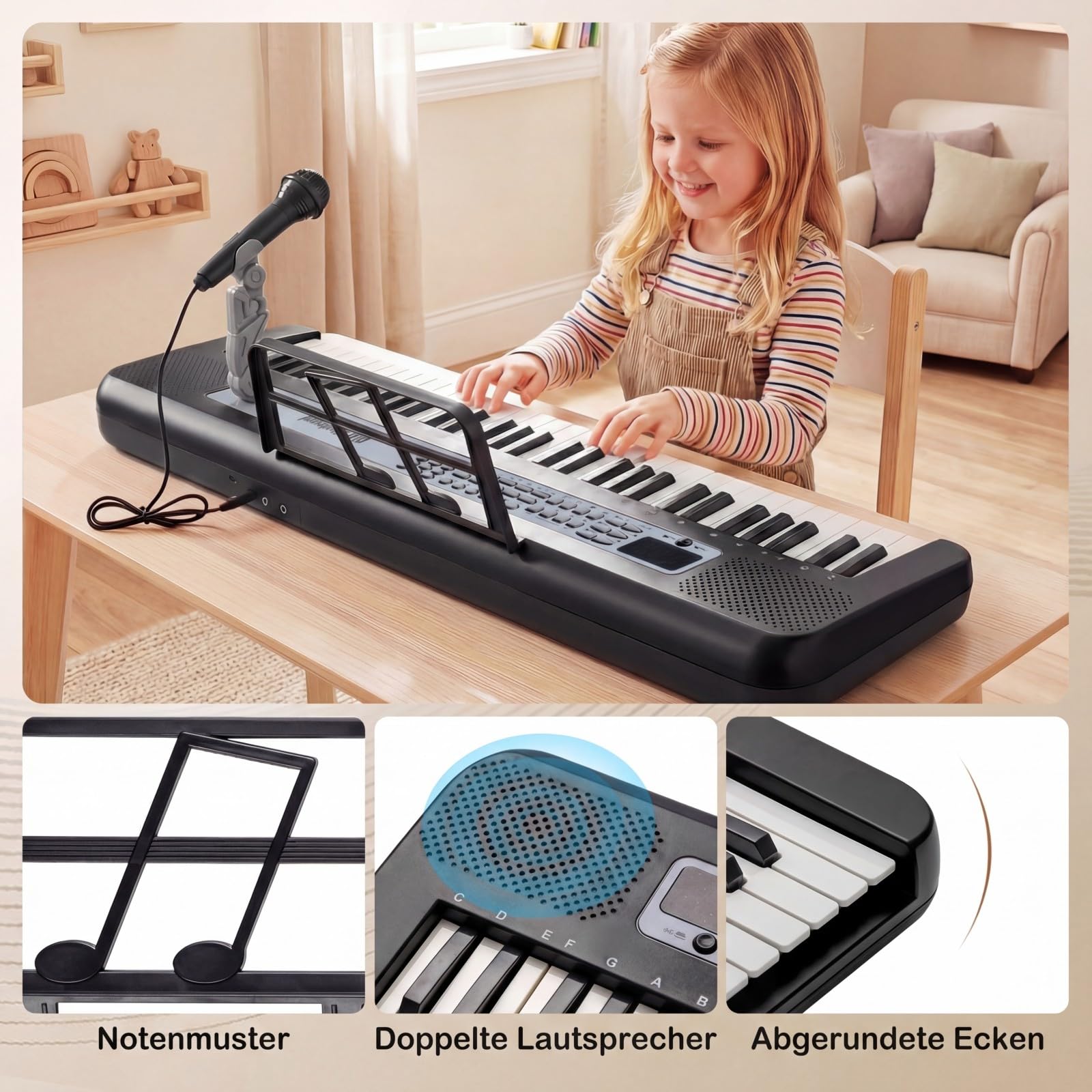 COSTWAY Keyboard dziecięcy z 61 klawiszami, elektroniczne pianino dziecięce z regulowanym stojakiem, mikrofonem i stojakiem na nuty, pianino dziecięce z dźwiękami, demami i rytmami, dla dzieci od 3