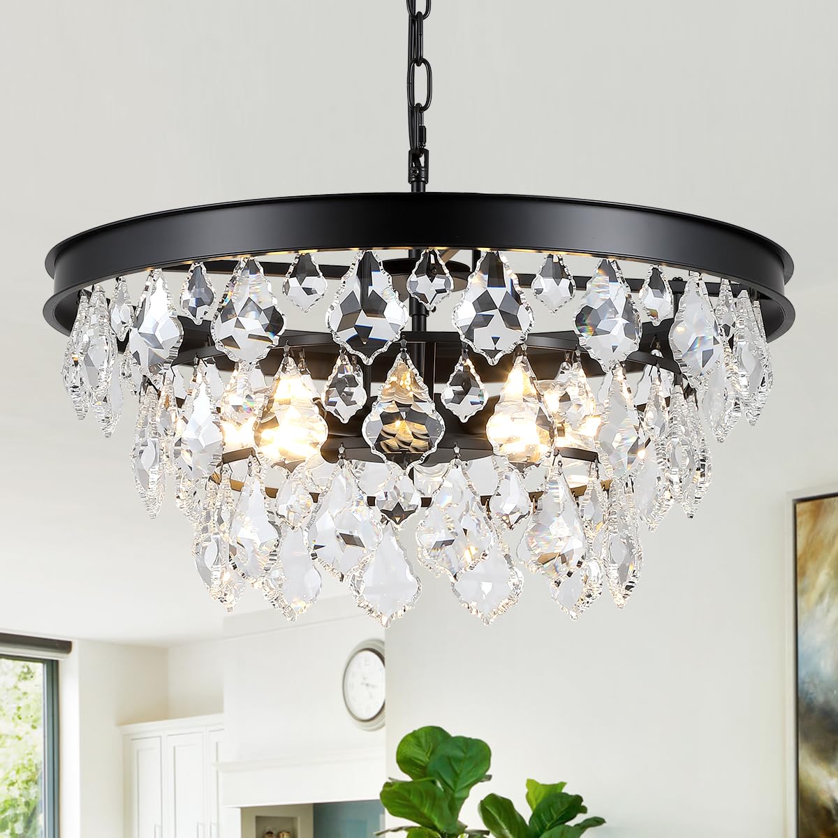 Fashtop Black Chandelier Crystal 24in Farmhouse Light Fixture 3-Tier 8-Light K9 Crystal Chandelier for Entryway Dining Room Bedroom Staircase Living Room