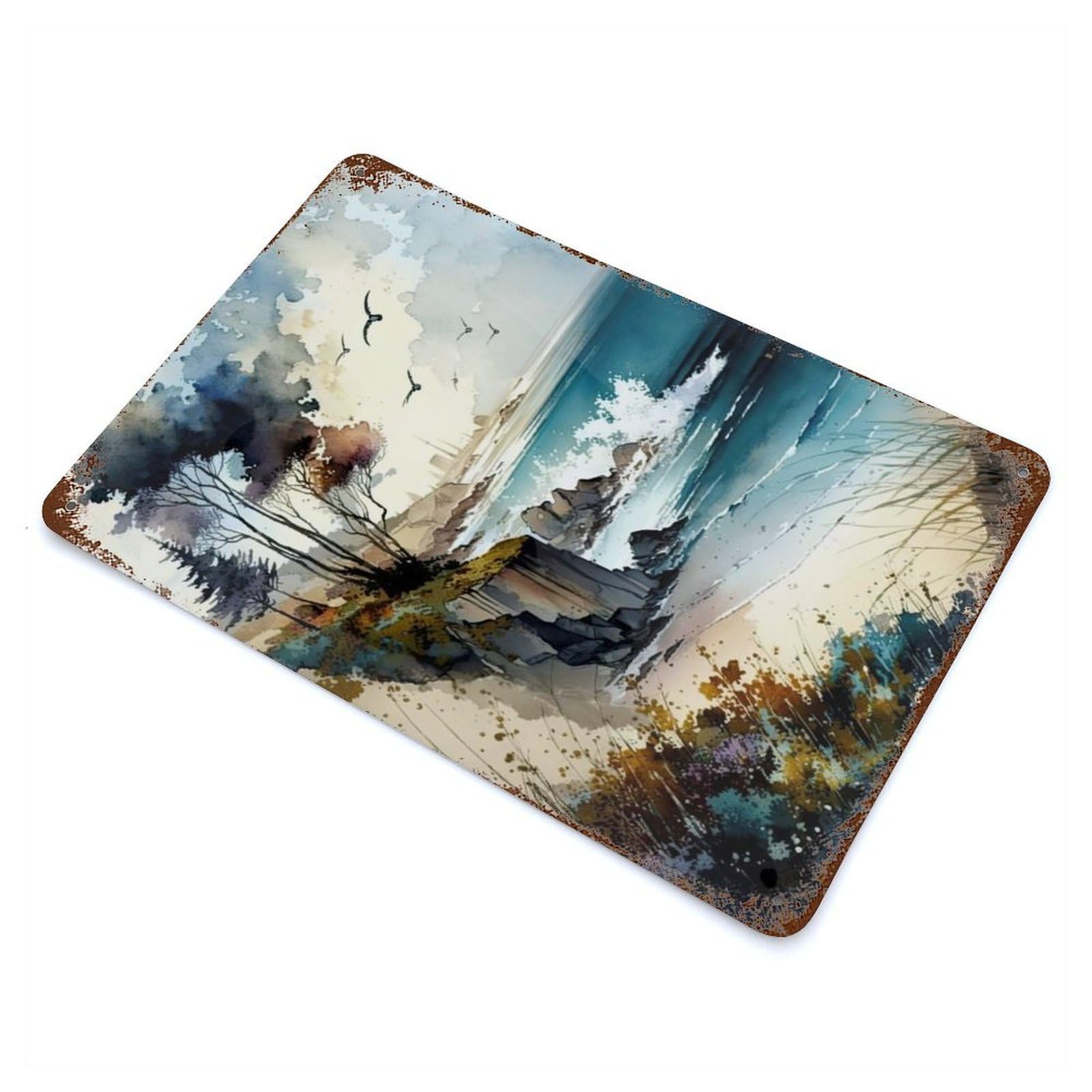 Rust Effect Wild Coastal Landscape Decorative Tin Sign 11.8"x7.9", Classic Wall Plaque for Pub, Kitchen And Man Cave Decor