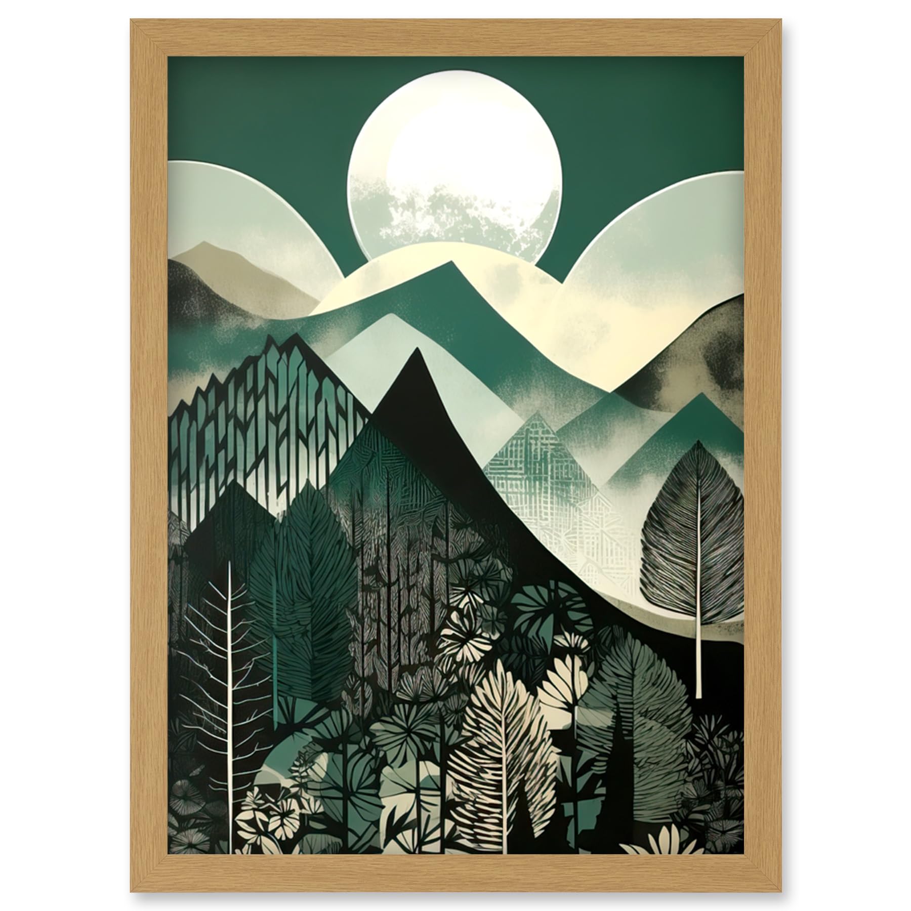 Artery8 Full Moon Over Mountain Forest Linocut Mid Century Sage Green Moonlit Landscape Artwork Framed Wall Art Print A4